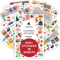 Clever Fox Seasonal Planner Stickers – 600and Month, Holiday & Seasons Stickers for Your Planner, Monthly Journal & Calendar – 18 Sheets, Set of Stickers & Washi Tape by Clever Fox (Seasonal Pack)