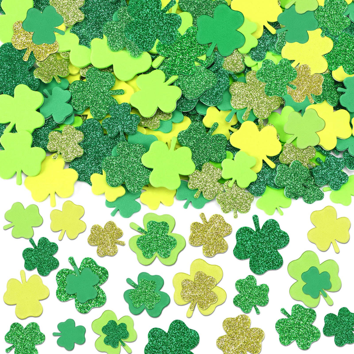 JULBEAR 300Pcs Shamrock Foam Sticker, St. Patrick's Day Glitter Clover Shamrock Self Adhesive Foam Stickers for Kids Spring Irish Party Favors DIY Crafts Decorations