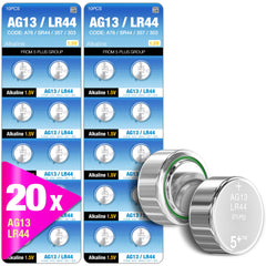 5Plus Group 20 Pcs LR44 AG13 357 303 SR44 A76 Battery 1.5V Button Coin Cell Batteries Ideal for Watches, Hearing Aids, Glucometers, Key Fobs, and More