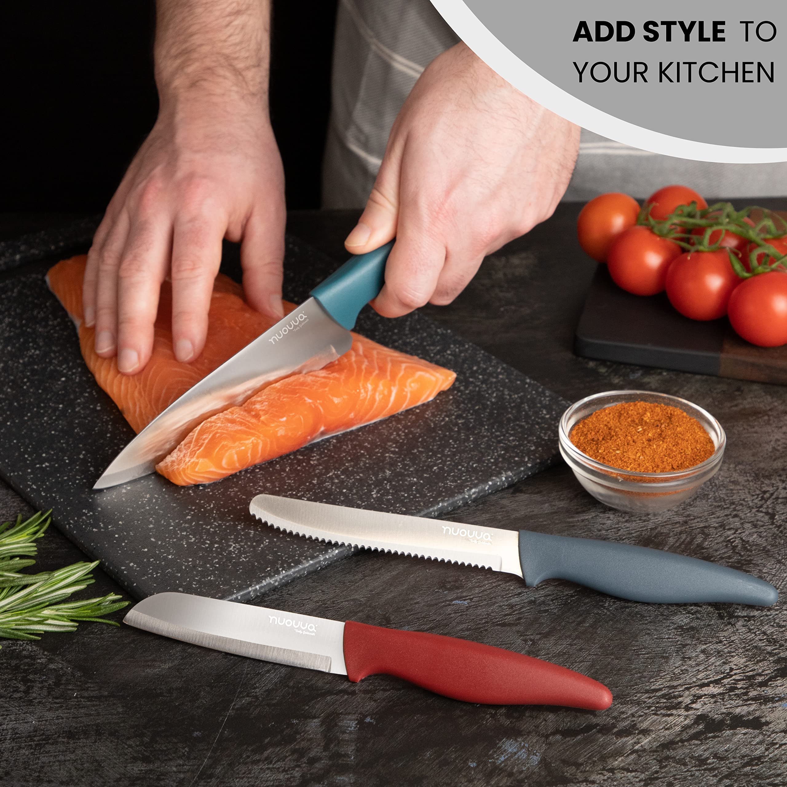 nuovva Sharp Kitchen Knife Set – 3pcs Colour Kitchen Knives – Stainless Steel Non Stick Blades – Includes Chefs Knife, Tomato Knife and Paring Knife