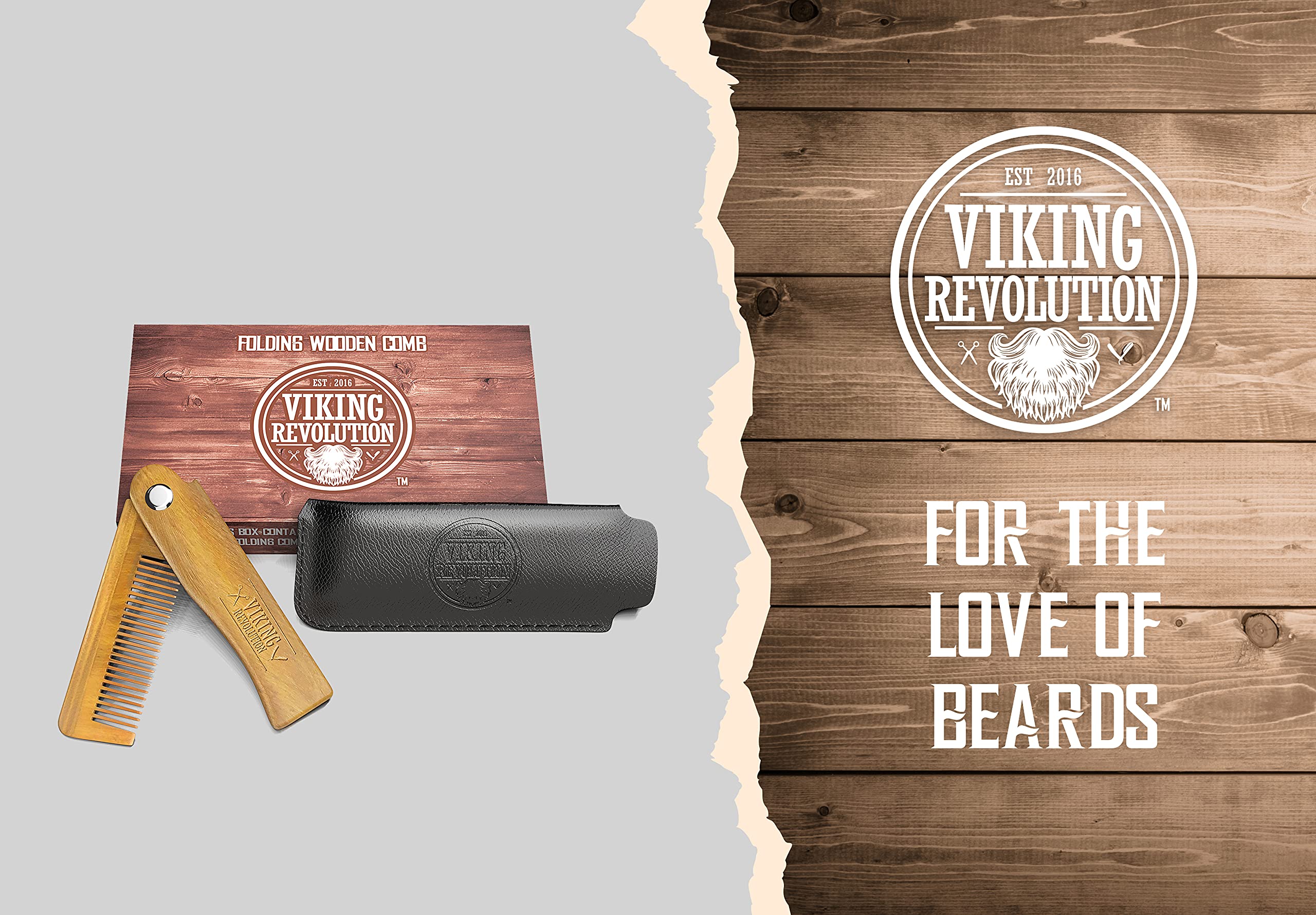 Folding Beard Comb for Men w/Carrying Pouch - All Natural Wooden Beard Comb w/Gift Box - Green Sandalwood Folding Comb for Grooming & Combing Hair, Beards and Mustaches by Viking Revolution