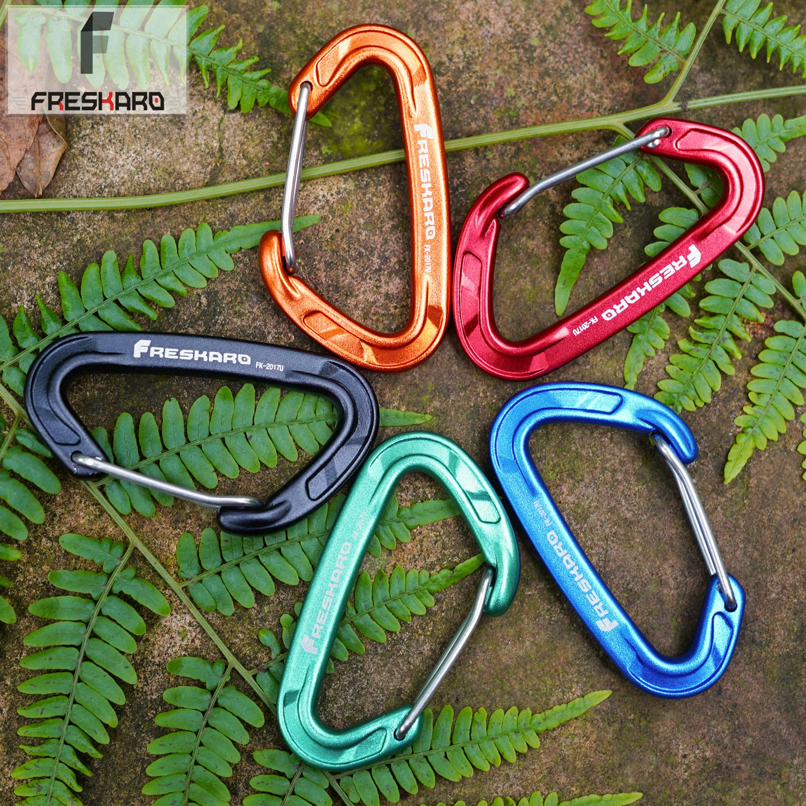 FresKaro 5pcs Carabiner Clips, caribeener clip Heavy Duty, Small Sturdy Key Keychain Accessory, Spring Snap Wire-gate Hook, 8kN 816kg, for Hiking, Camping, Fishing, Not for Climbing, Mini Size, Orange