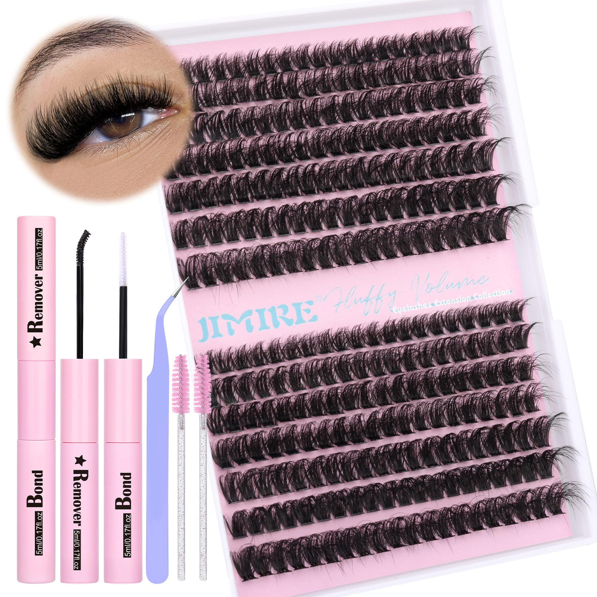 Individual Eyelashes Kit Eyelash Extension Kit with Bond and Remover Lash Glue and Tweezers Russian D Curl Cluster Lashes Kit 280Pcs Wispy Lashes Individual Cluster 10-16MM Mix by JIMIRE