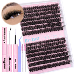 Individual Eyelashes Kit Eyelash Extension Kit with Bond and Remover Lash Glue and Tweezers Russian D Curl Cluster Lashes Kit 280Pcs Wispy Lashes Individual Cluster 10-16MM Mix by JIMIRE