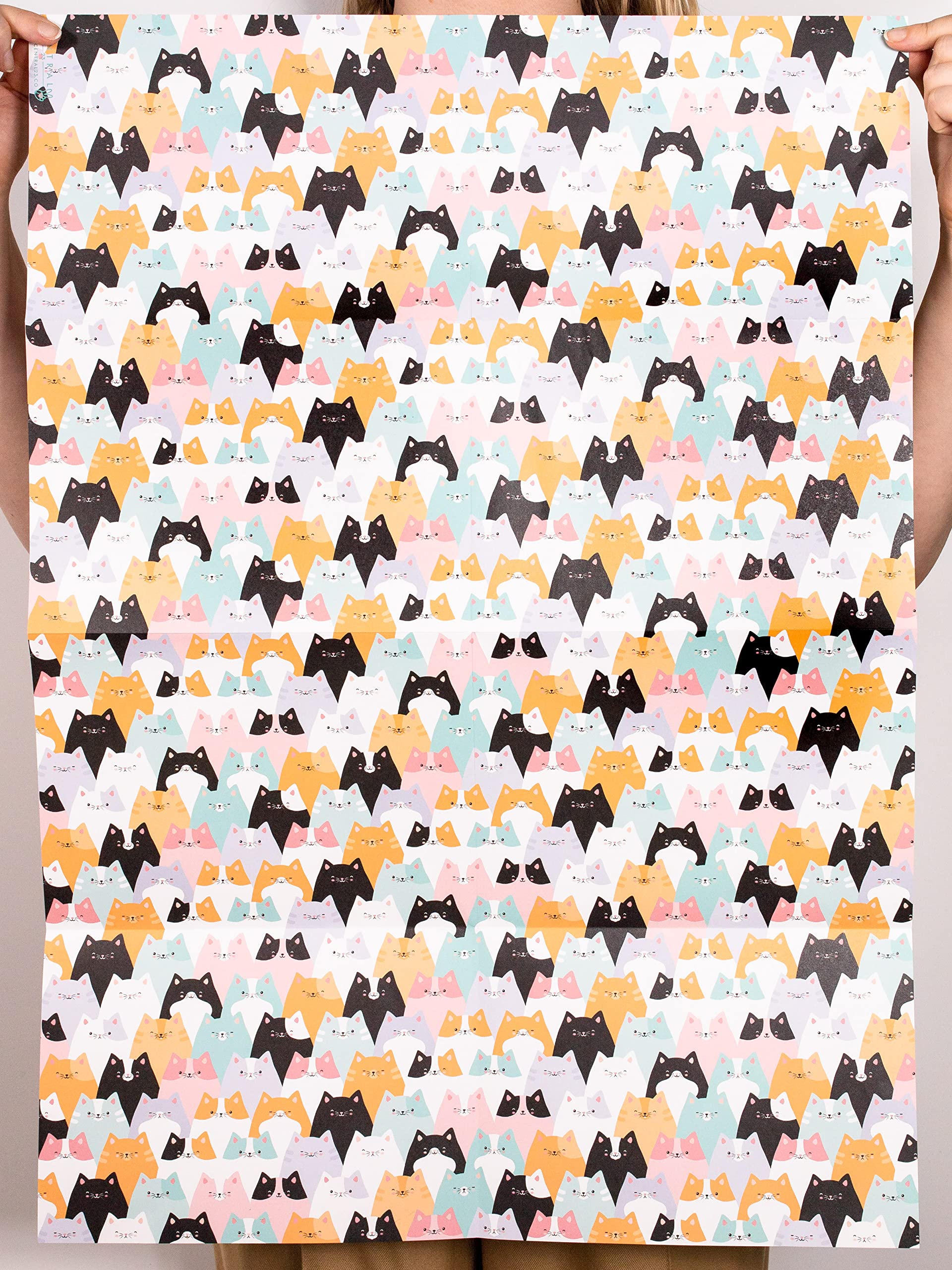 Cats Wrapping Paper - 6 Sheets of Birthday Gift Wrap for Her - Kitten Kities - Fun Gift Wrap for Cat Owner - For Fur Mum - Pastel Colors - Recyclable - By Central 23