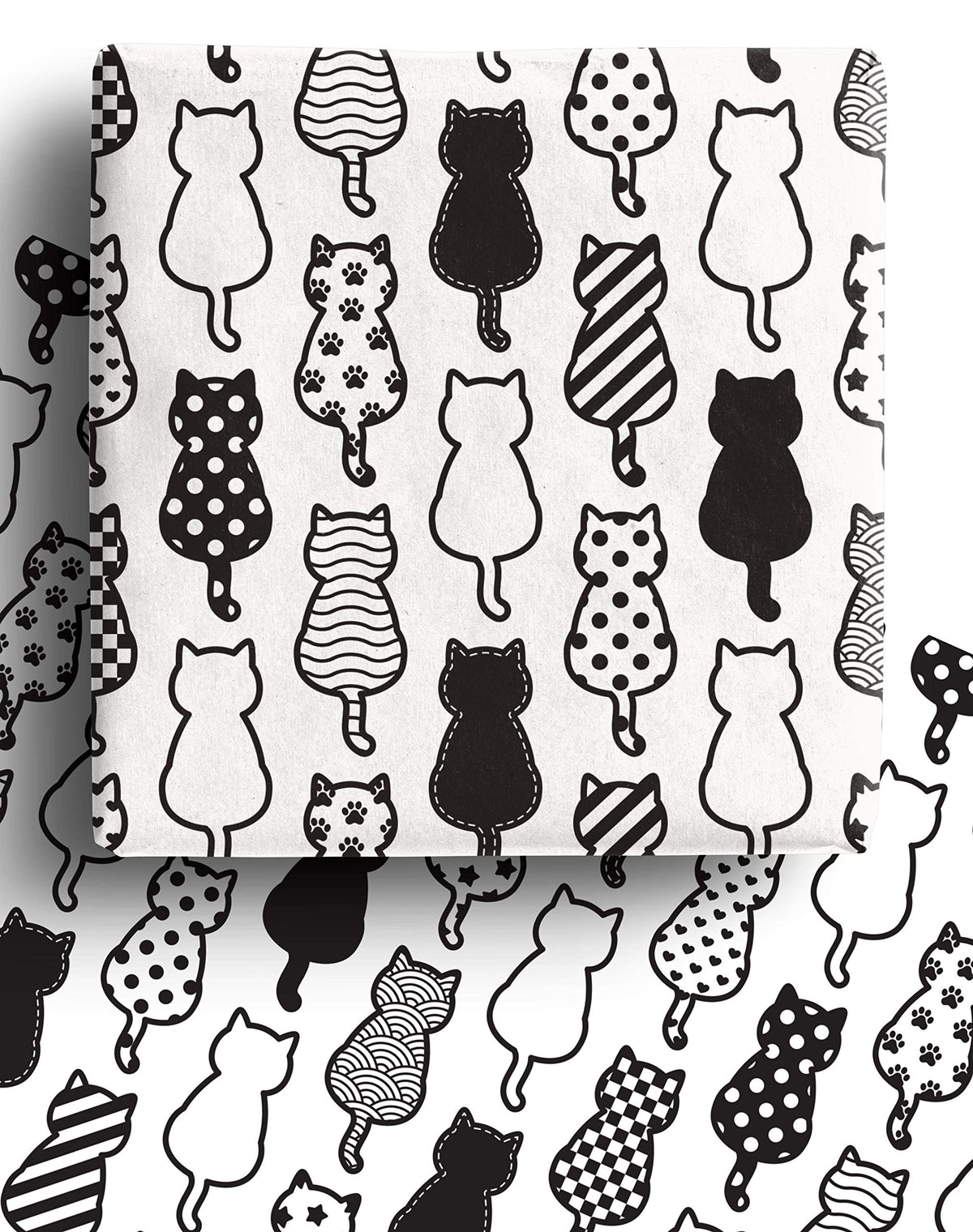 4 x Recyclable Cat Wrapping Paper Sheets 70cm x 50cm - Premium Black and White Gift Wrap - Made in the UK - 100% Recycled Eco Friendly Animal Gift Wrapping Paper