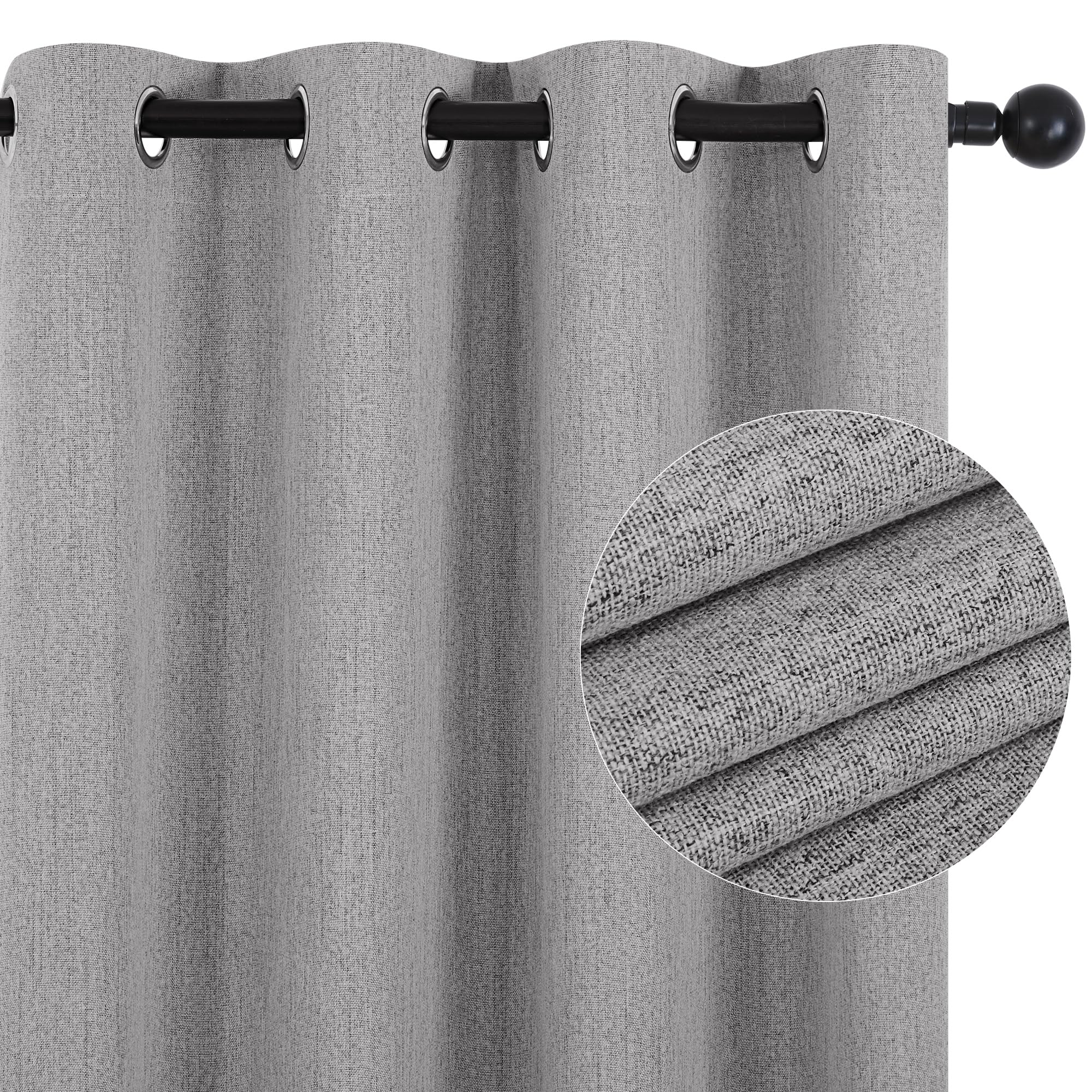 Deconovo 100% Blackout Curtains Eyelet, Window Treatment, Faux Linen Curtains, Natural Thermal Curtains for Nursery, 52x63 Inch(Width x Length), Grey, 2 Panels