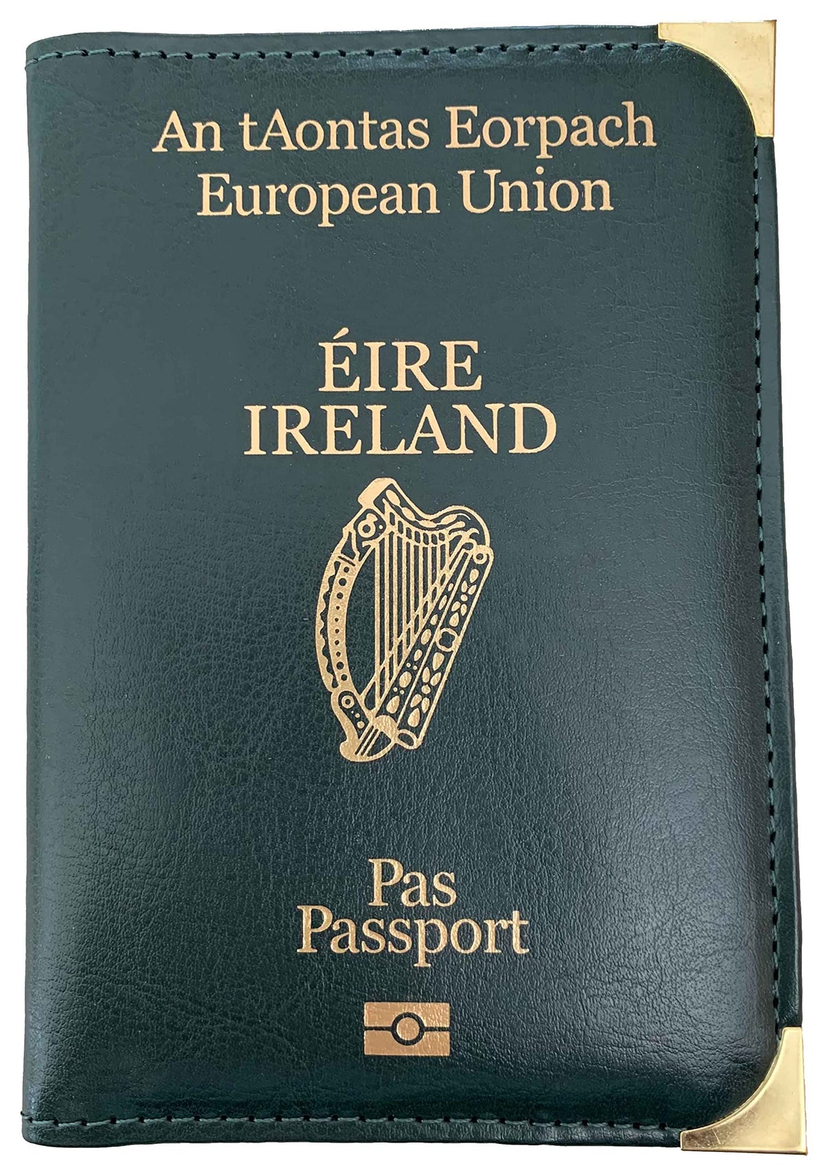 Irish Passport Holder   EU Passport Wallet   Green PU Leather Cover   Gold Metal Protective Corners   Gold Text