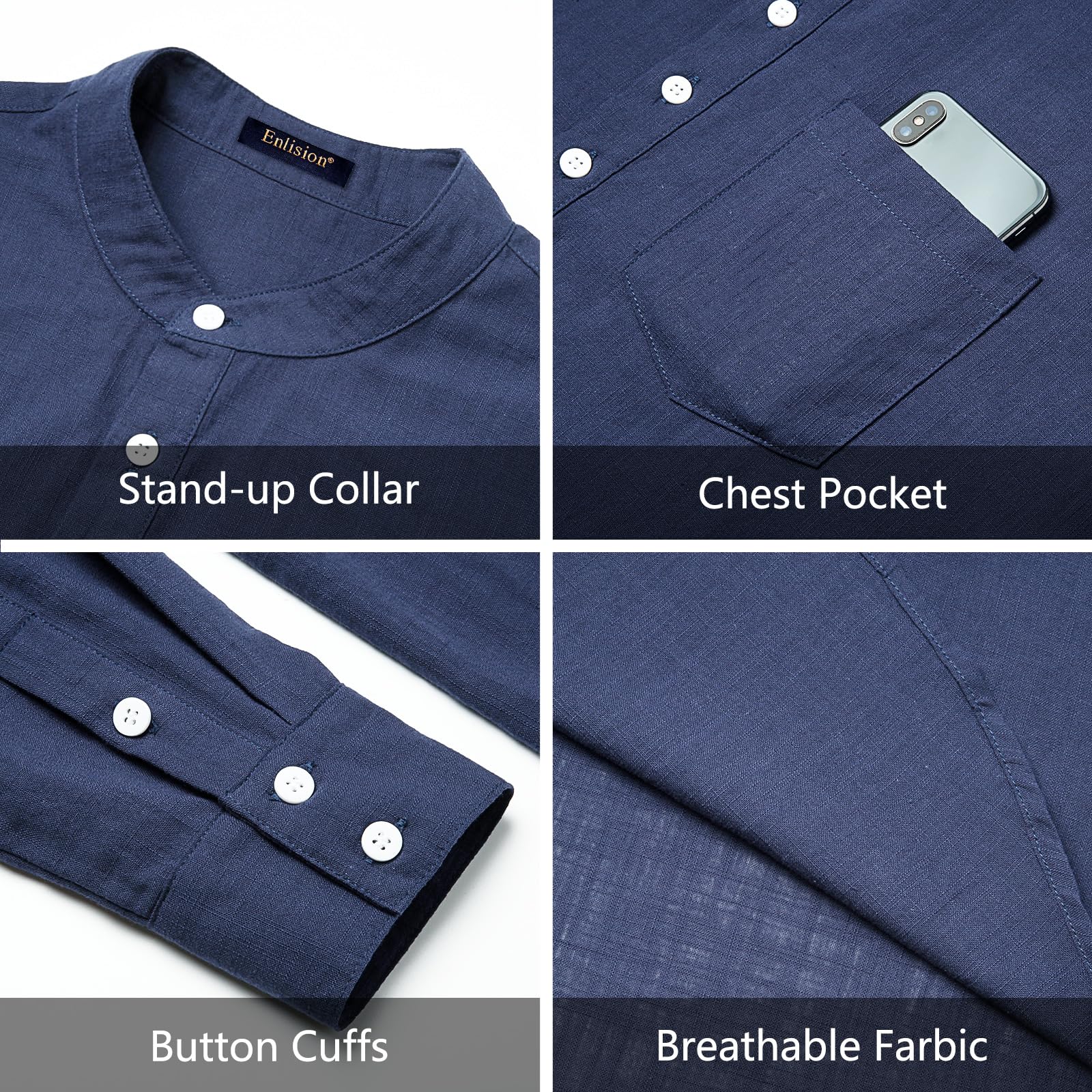 Enlision Mens Haze Blue Cotton Linen Shirts Long Sleeve Shirt Button Down Henley Shirts Lightweight Casual Plain Tops for Men 2XL