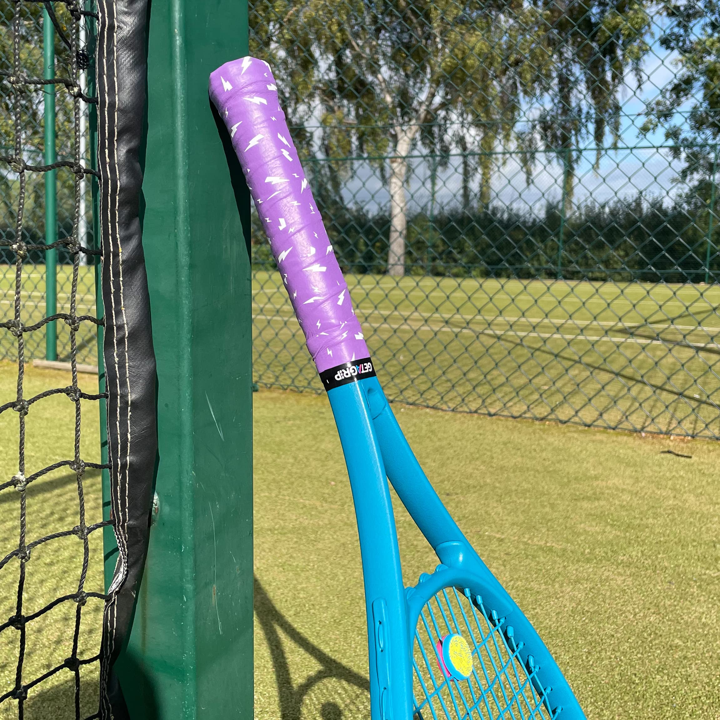 GET A GRIP - Custom Tennis Racket Grip Tape - Anti-Slip/Quick-Drying Tennis Overgrips - Precut Badminton Racket Grip with Finishing Tape - Squash Racket Grip Tapes (Charged Up (purple), 1 Grip)