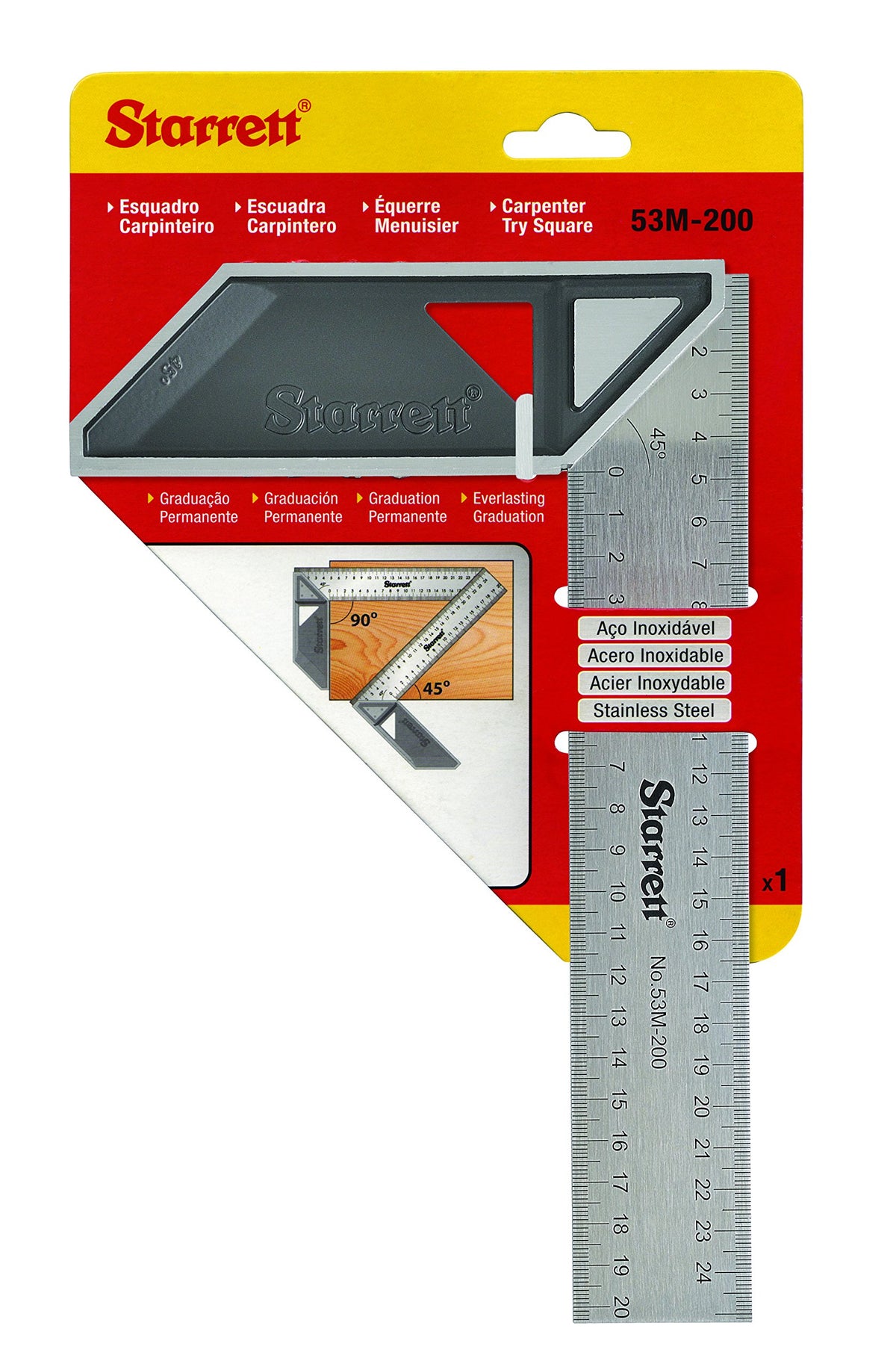 Starrett K53M-200-S Carpenters Try Square for Woodworking – 200mm Metric Set Square