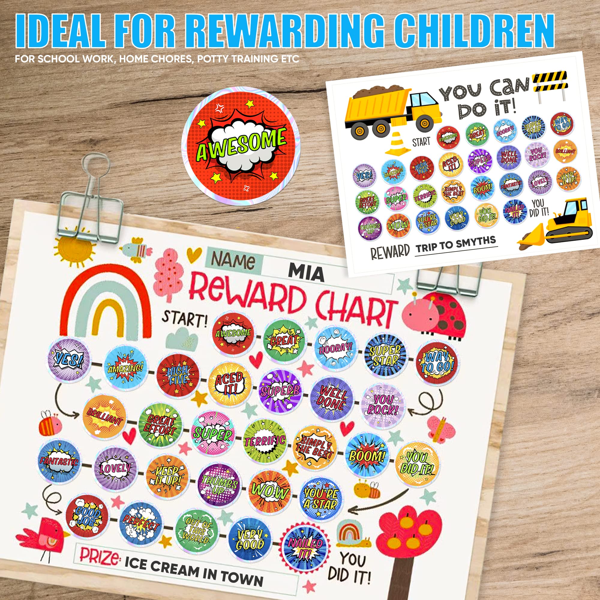 510 Reward Stickers For Children Well Done Teacher Stickers with Shiny Silver Sparkly Sparkling Holographic Edge Praise Good Work and Behaviour (Comic)