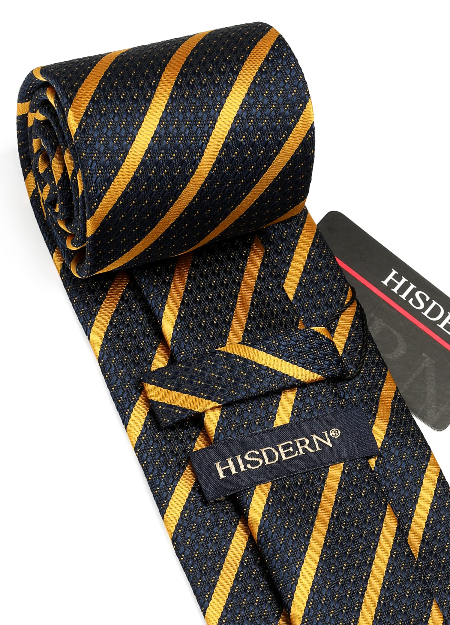 HISDERN Men's Tie and Pocket Square Set Striped Navy Blue & Yellow Ties Formal Classic Elegant Necktie & Handkerchief for Business Wedding Party