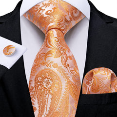 DiBanGu Paisley Tie Set for Men Orange Necktie Silk Woven Ties and Handkerchief Cufflinks Set Formal Wedding