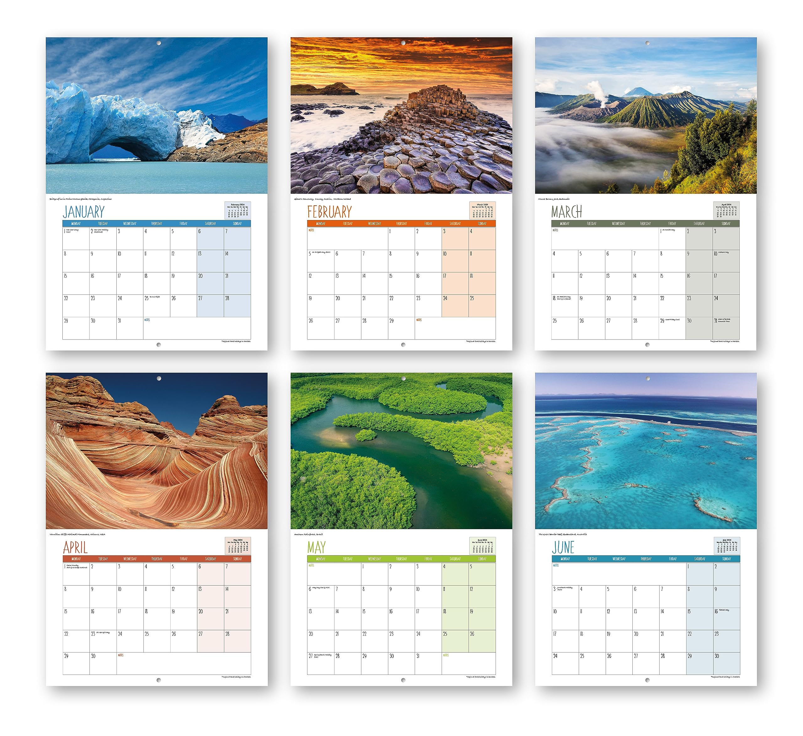 A4 Natural Wonders Calendar 2024. One Month to View. UK, Scotland, RoI & N Ireland Bank Holidays. Wall Calendar by Absolutely Yours.