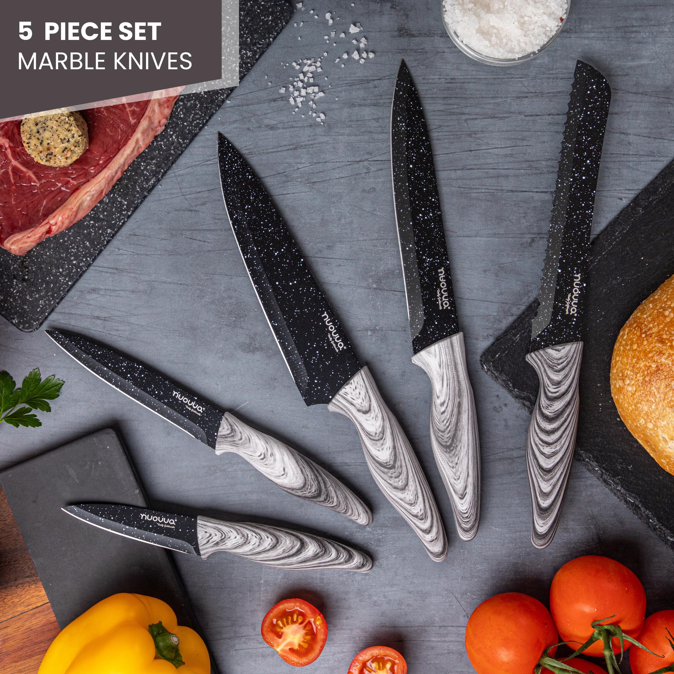 nuovva Professional Kitchen Knife Set – 5pcs Black Granite Kitchen Knives – Stainless Steel Granite Non Stick Blades – Chefs, Filleting, Bread, Paring and Utility Knives