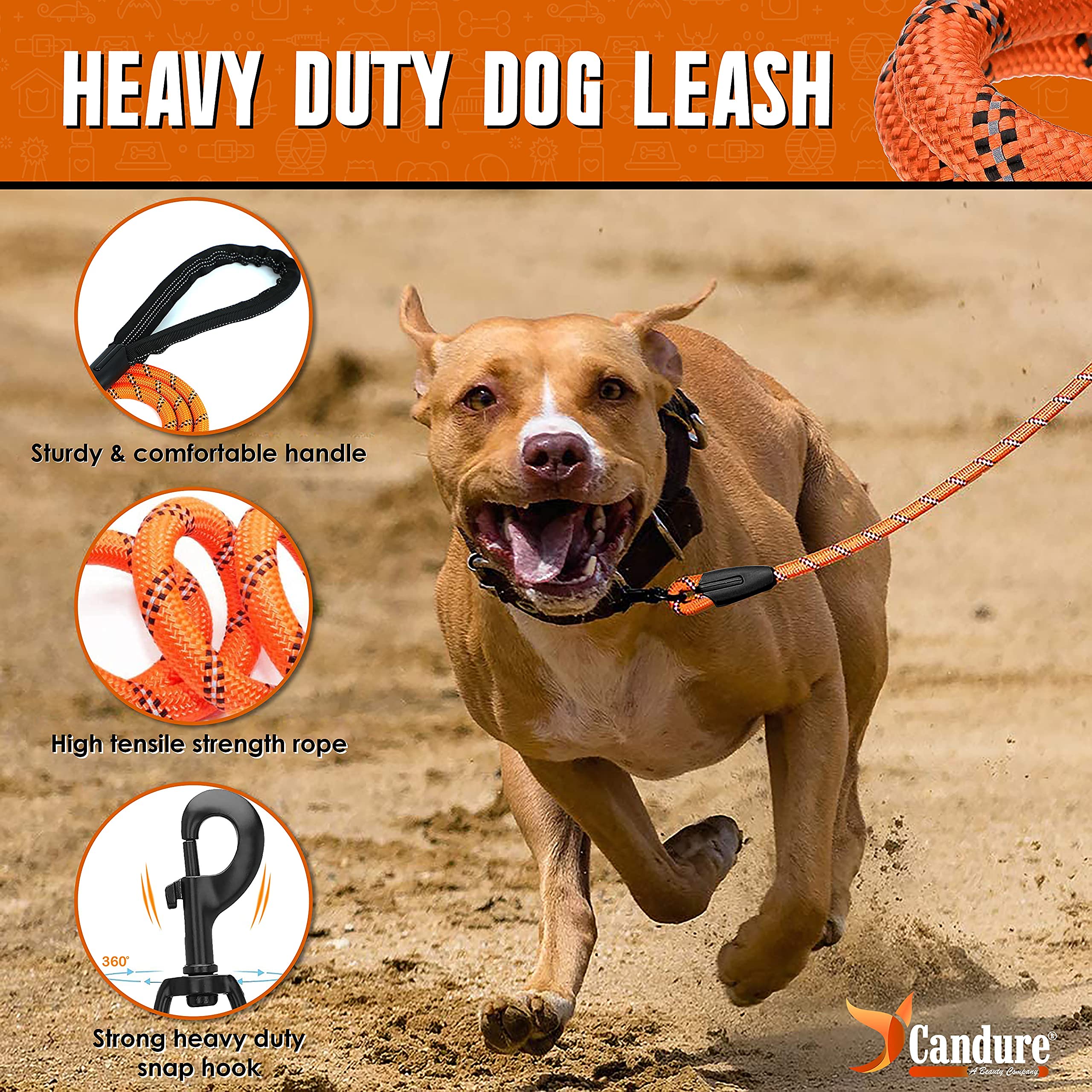 Candure Dog Lead with Soft Padded and Anti Slip Comfortable Rope Handle, 5 FT Strong Dog Leads, Highly Reflective Dog Leash for Puppy, Medium and Large Dogs (Orange)