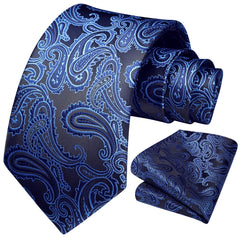 HISDERN Men's Paisley Ties Classic Floral Neckties for Wedding Party Prom Tie & Pocket Square Set Blue & Black