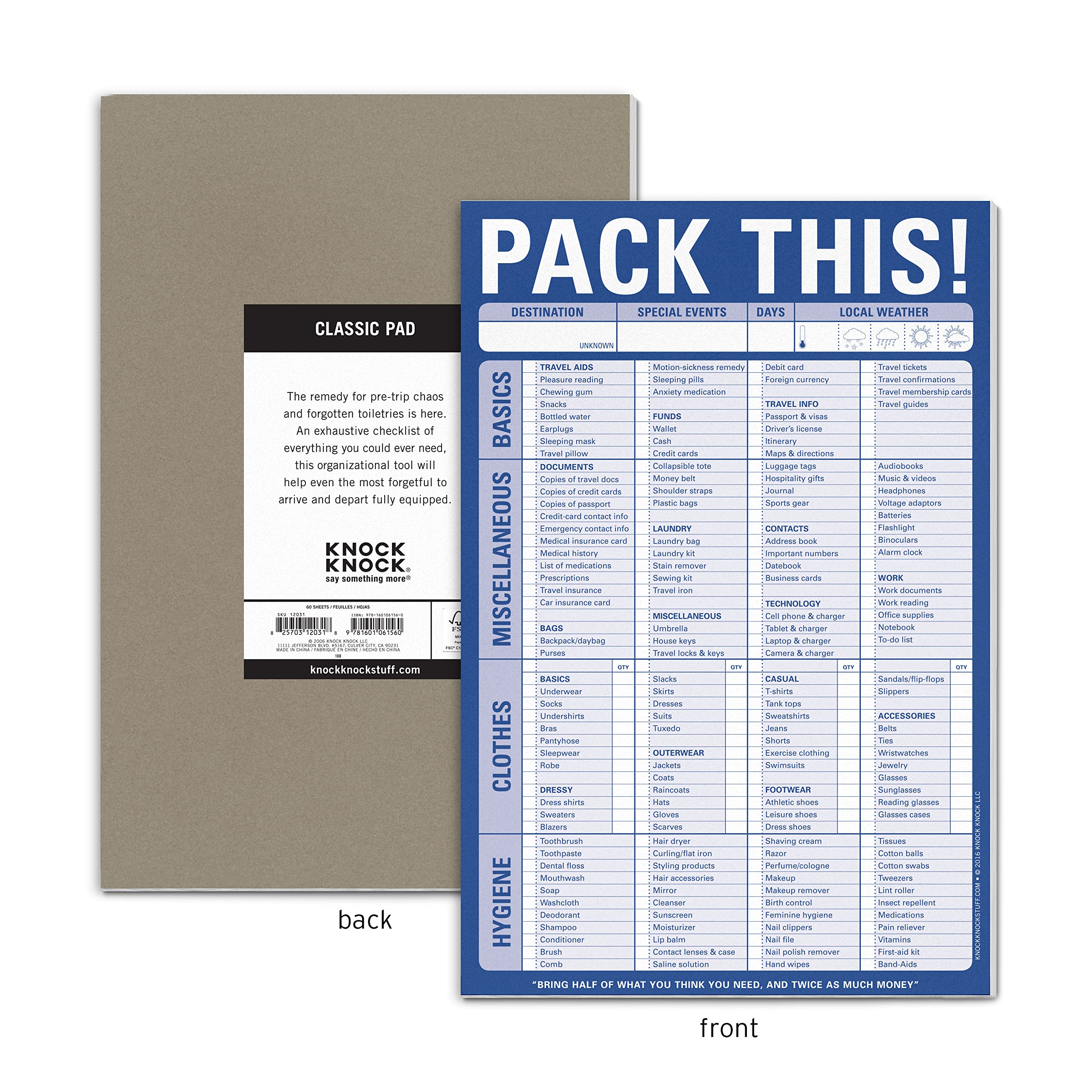 Knock Knock Pack This! Pad Packing List Notepad, 6 x 9-inches