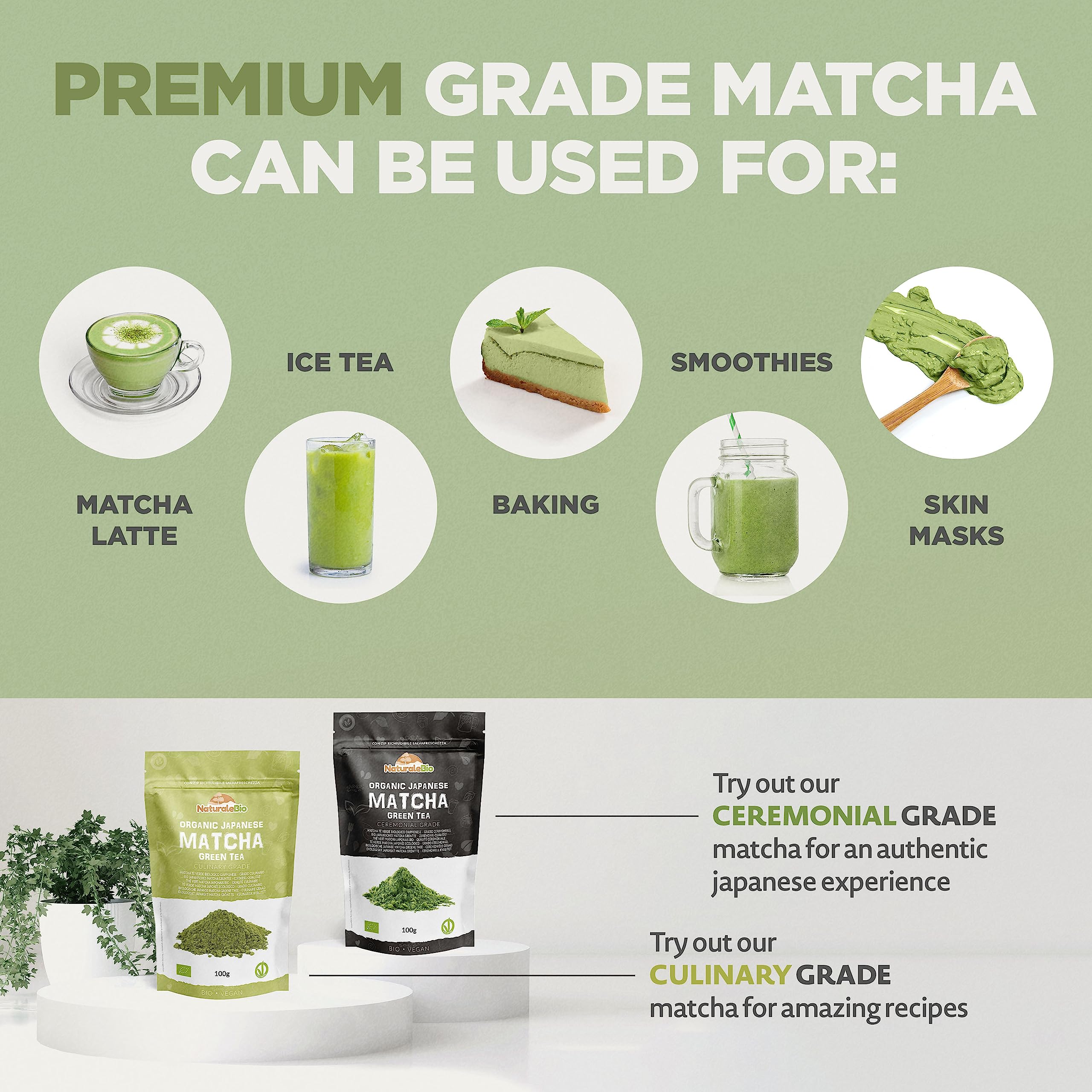 Japanese Organic Matcha Green Tea Powder - Premium Grade - 50g. Tea Produced in Japan, Uji, Kyoto. Use for Drinking, Cooking, Baking, Smoothie Making and with Milk. Vegan & Vegetarian Friendly