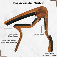 Vokall Capo Quick Change Guitar Capo With 5 Guitar Picks – Aluminum Alloy Capo For Acoutsic And Electric Guitar (Wooden)