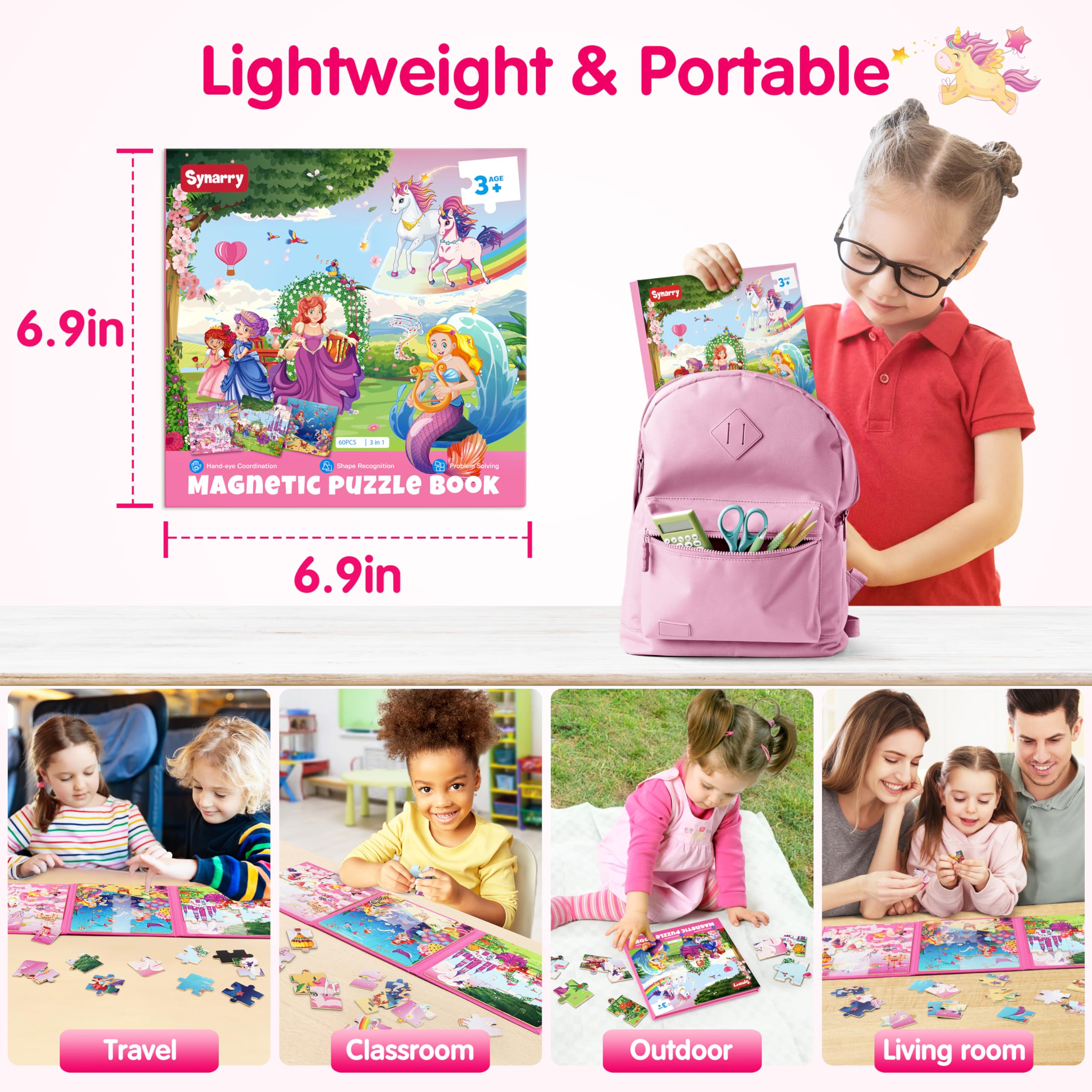 SYNARRY Unicorn Mermaid Princess Magnetic Puzzles for Toddlers 3-5 Girls, 20 Pieces Travel Puzzles for Kids Ages 2-4, Car Airplane Road Trip Activities Toys for 3 4 5 6 Year olds Girls