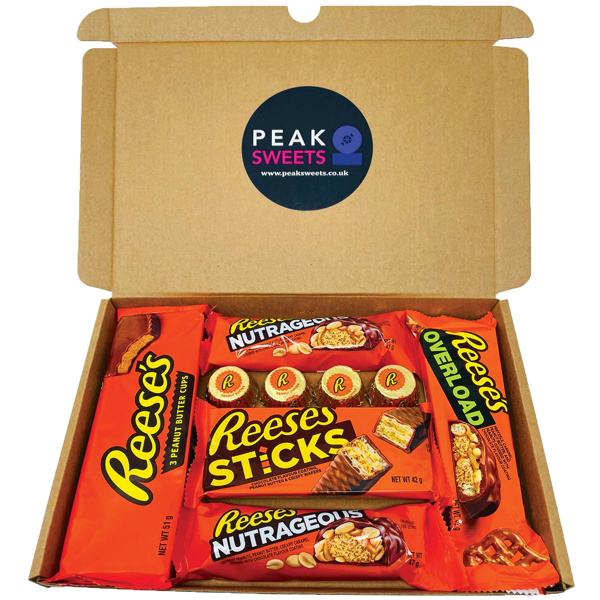 Peak Sweets American Sweets Gift Box - Assortment of 7 Classic Reese's Chocolates Gift Set - Letterbox Sweets Reeses Gift Hamper Reeces Box Set Peanut Butter