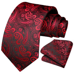 HISDERN Men's Paisley Floral Tie Handkerchief Wedding Party Necktie & Pocket Square Set For Classic Business (One Size, Burgundy/Black)