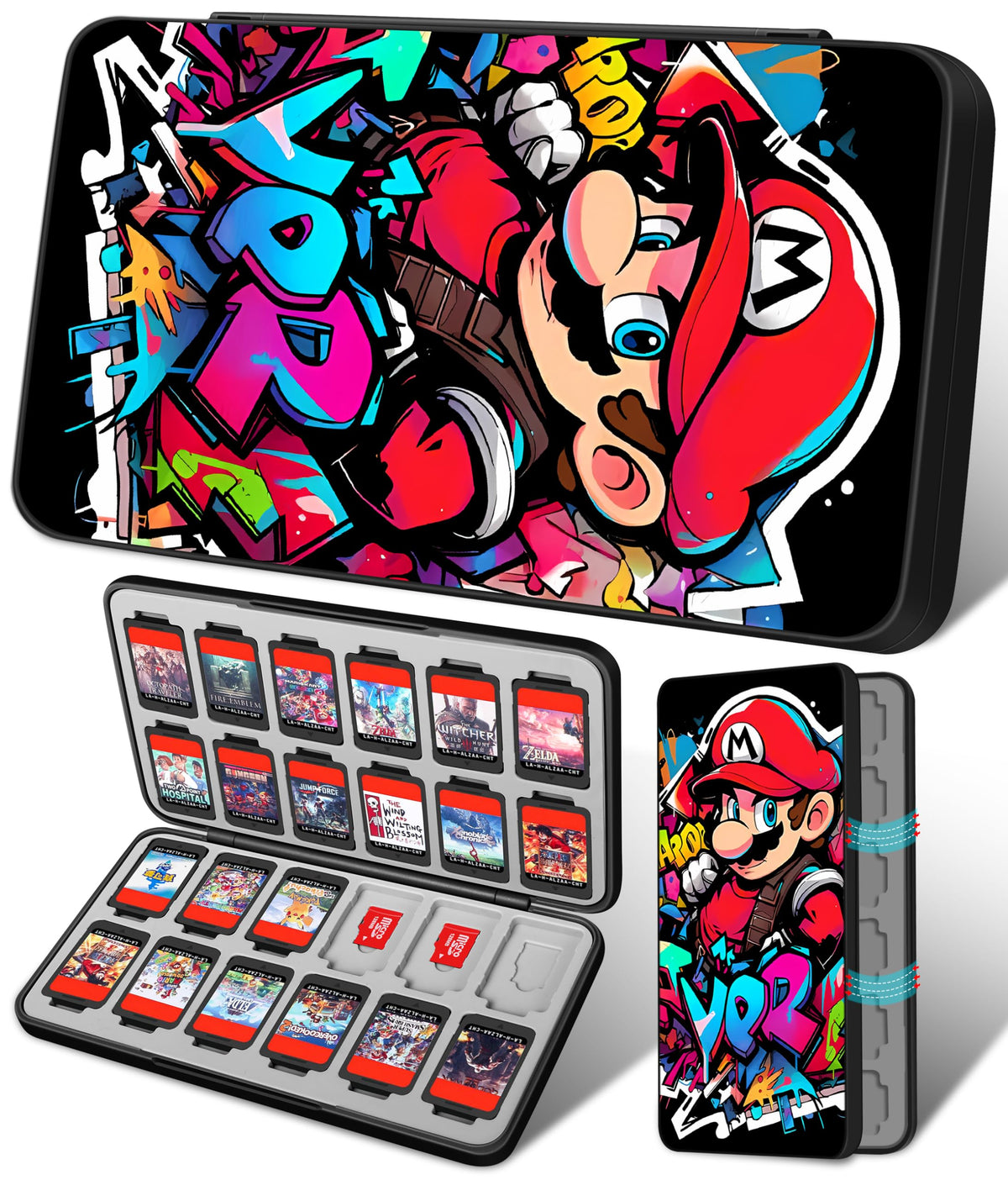 Koecya for Nintendo Switch Game Case with 24 Game Holder Slots and 24 SD Micro Card Slots for Nintendo Switch/Lite/OLED,Cute Cartoon Games Cartridge Cases for Boys Kids Girls Kawaii Storage Box, Black