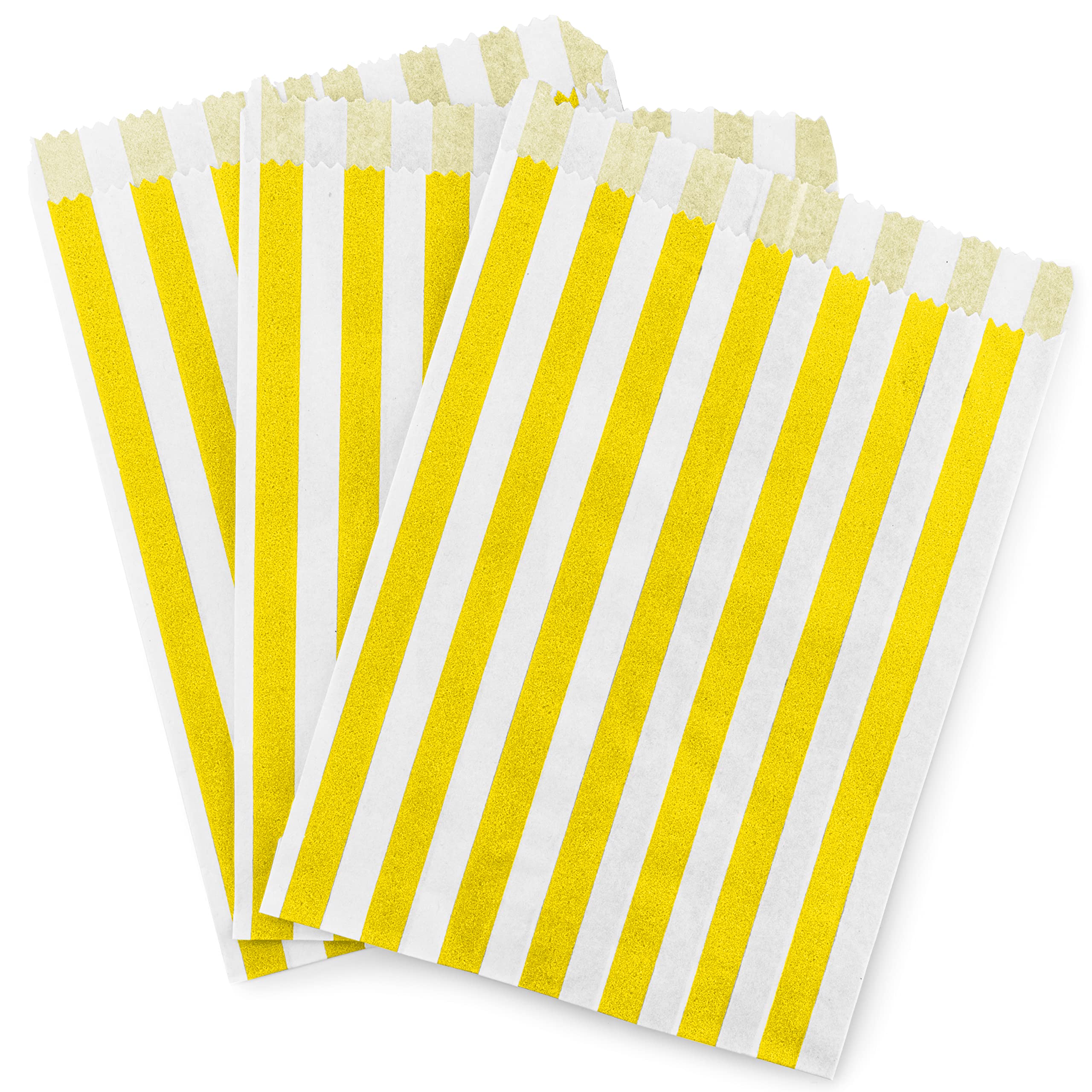 Yellow Paper Sweet Bags 5 x 7”   REALUS 100pk Small Empty Sweets Bag   MADE IN BRITAIN   Retro Candy Stripe Sweetie Bags – Perfect for Kids Party, Pic n Mix Shop, Wedding Favours, Popcorn