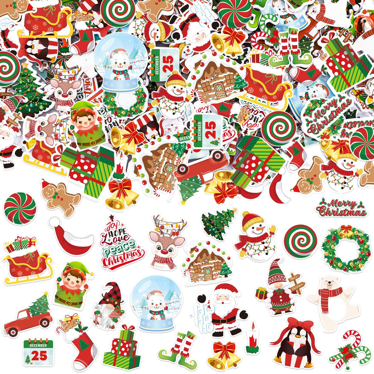 JULBEAR Christmas Foam Sticker, 300Pcs Winter Bulk Colorful Printing Self-Adhesive Campus Themed Foam Stickers for Kids Christmas Party Favors DIY Crafts Holiday Classroom Decorations