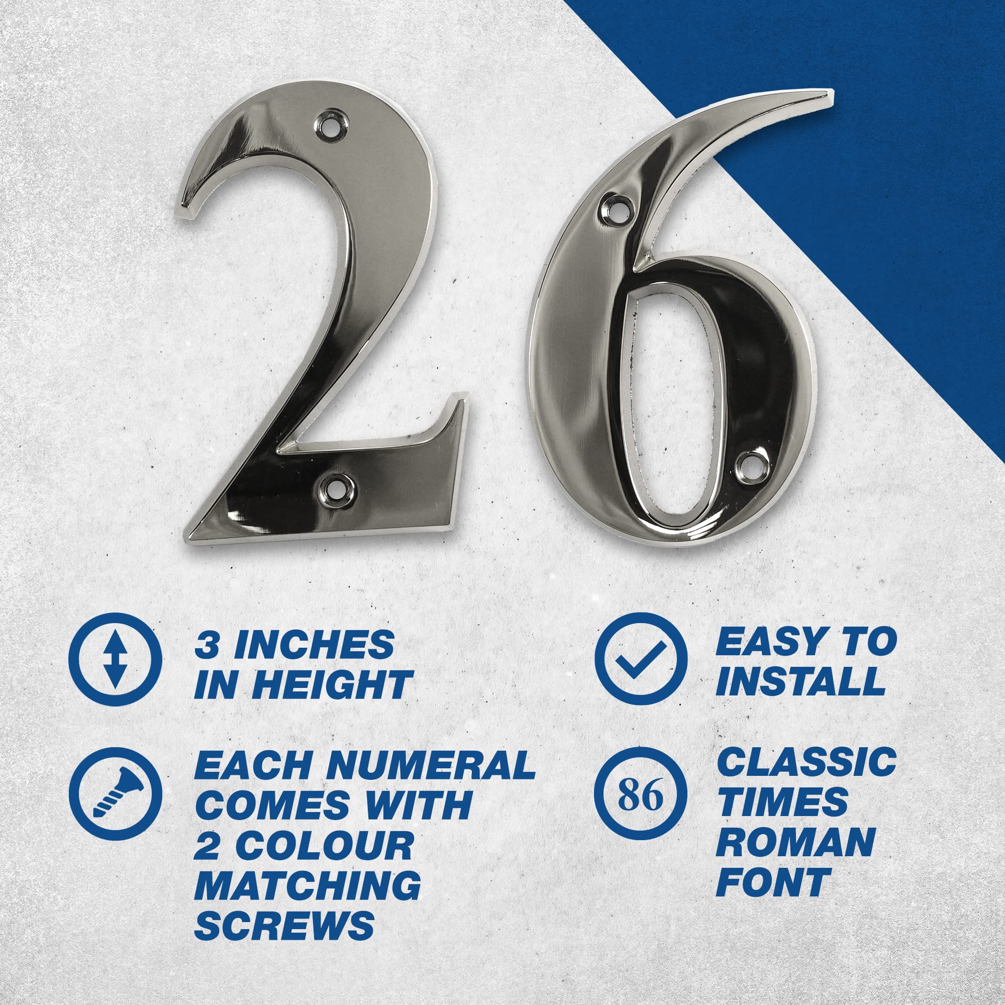 UAP House Numbers - 3 Inch Door Numbers Signature Screw Fix Bevelled Edge For Front Door, Address Number Screw On For Doors And Gates, Letter Times Roman Font (Number 1, Satin Chrome)