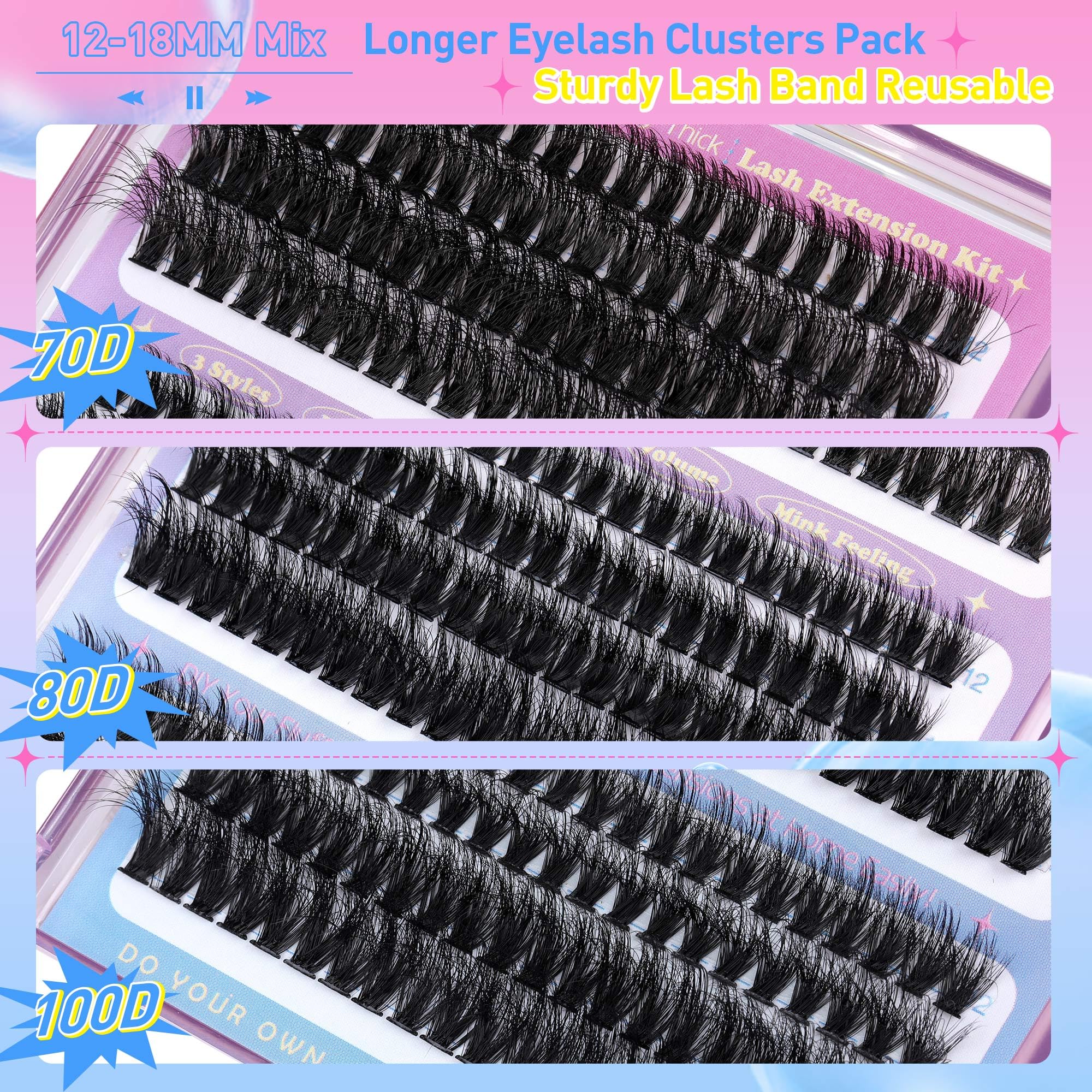 JIMIRE Cluster Lashes Kit 70Dand80Dand100D Fluffy Eyelash Extensions Kit with Bond and Seal Lash Glue and Lash Tweezers Volume 12-18MM Wispy DIY Lashes Extension Kit 240Pcs Individual Eyelashes Kit