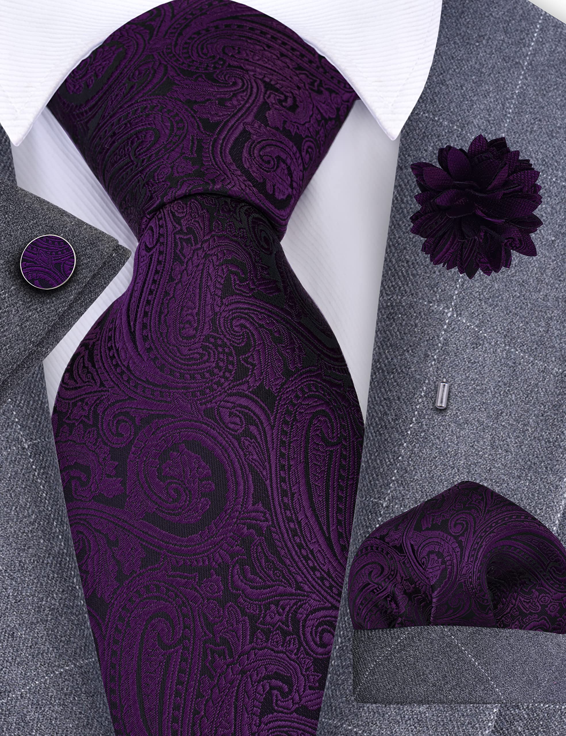 Gusleson Mens Dark Purple Tie for Wedding Solid Silk Paisley Necktie Pocket Square Cufflinks and Lapel Pin Brooch Set (UK6103-23)