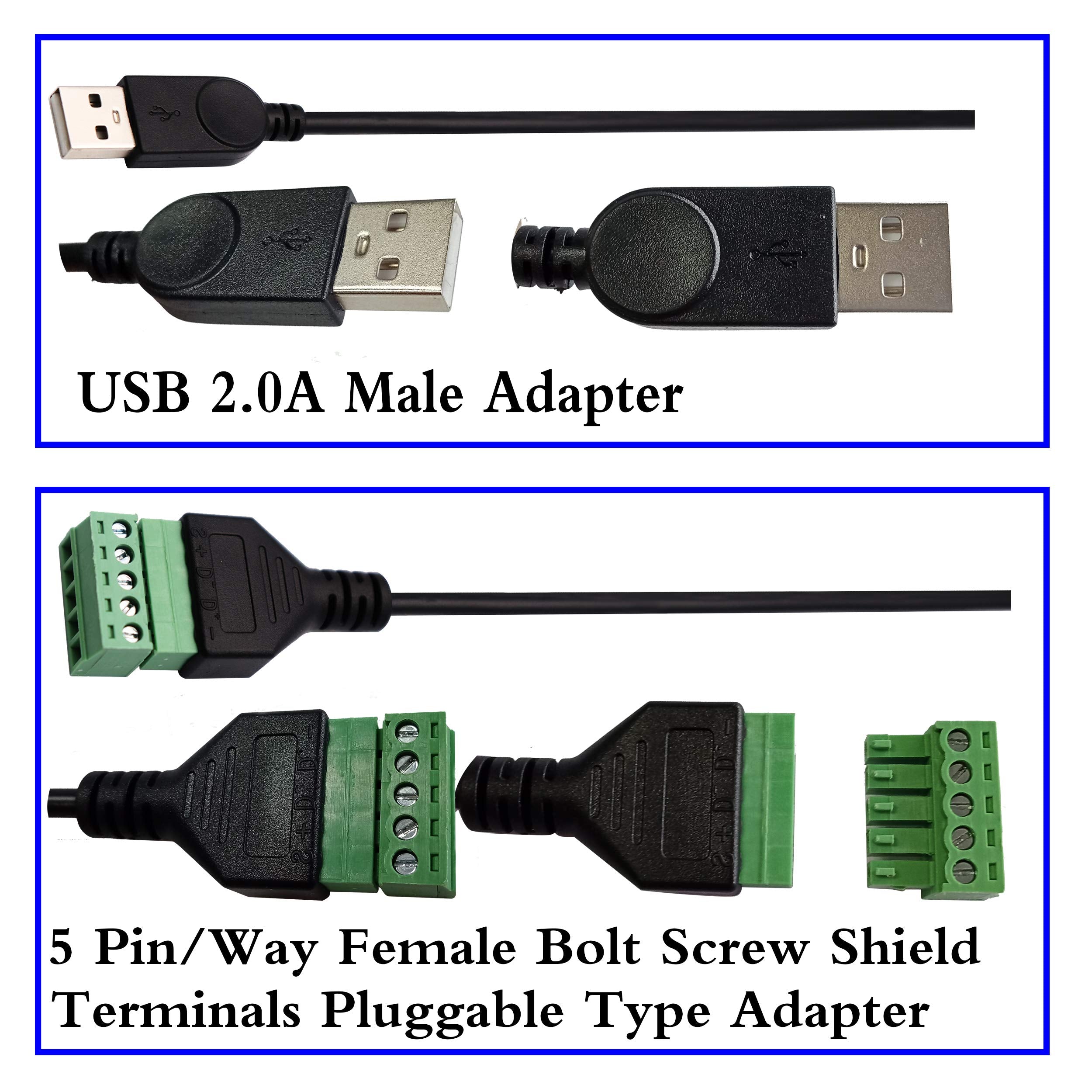 zdyCGTime USB 2.0 A Screw Terminal Block Connector Cable USB 2.0 A Male Plug to 5 Pin/Way Female Bolt Screw with Shield terminals Pluggable Type Adapter Connector Converter Cable.(30CM/2Packs)