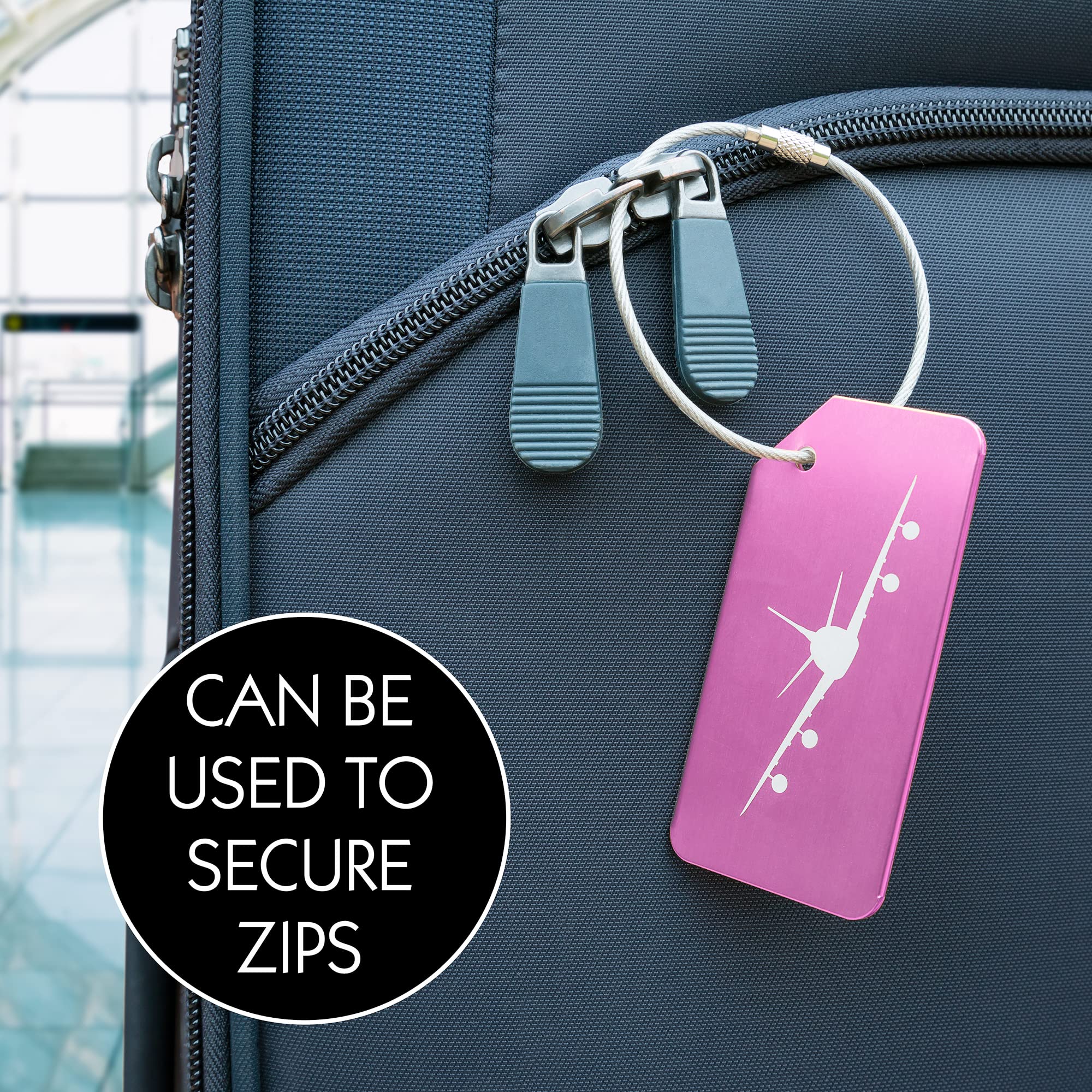 Pack of 5 Pink Strong Aluminium Luggage Tags, Secure, Easy to Spot, Privacy, Variety of Colours, Strong Steel Cable