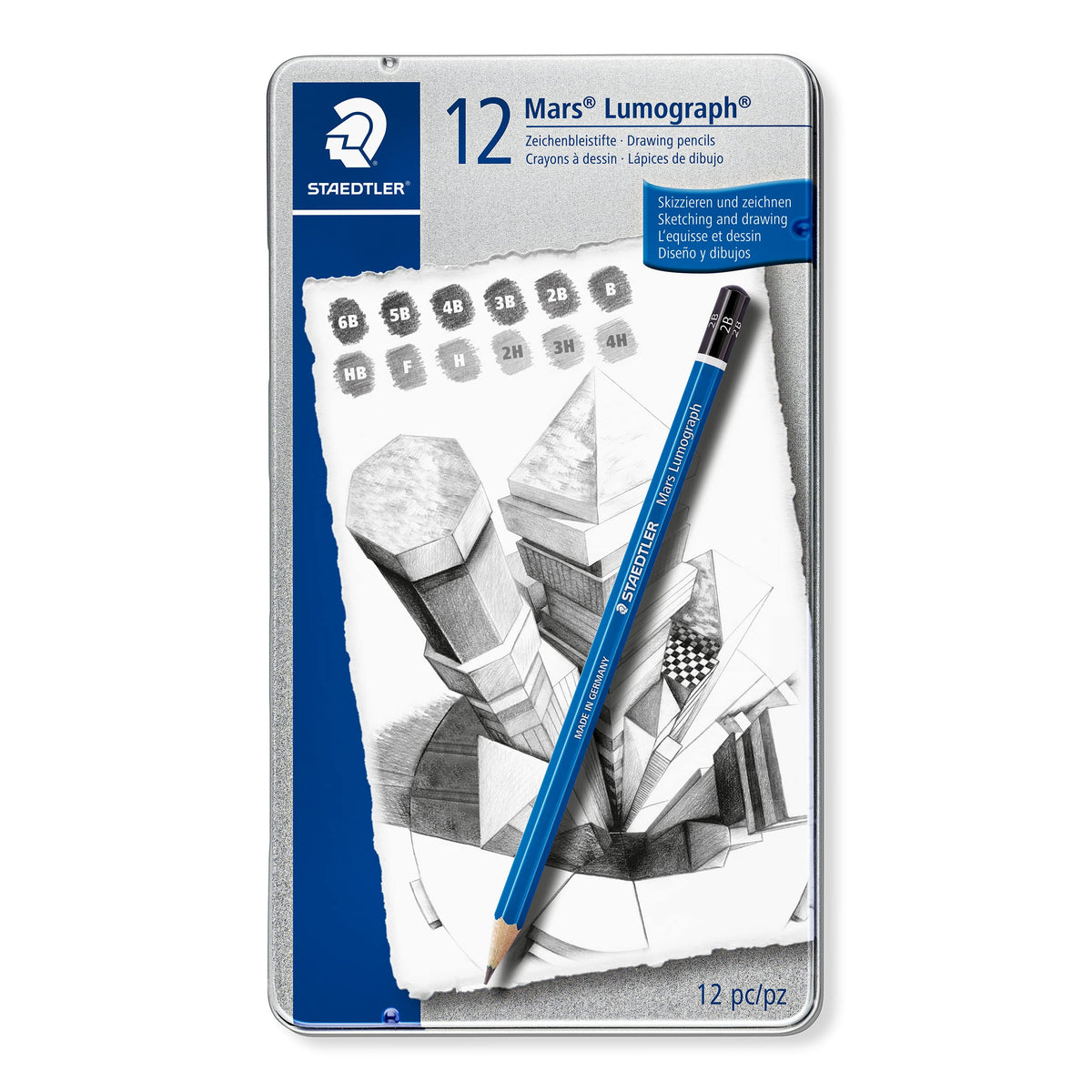 STAEDTLER 100 G12 Mars Lumograph Graphite Pencils For Drawing & Sketching - Assorted Degrees, 6B-4H (Tin Of 12 Pencils)