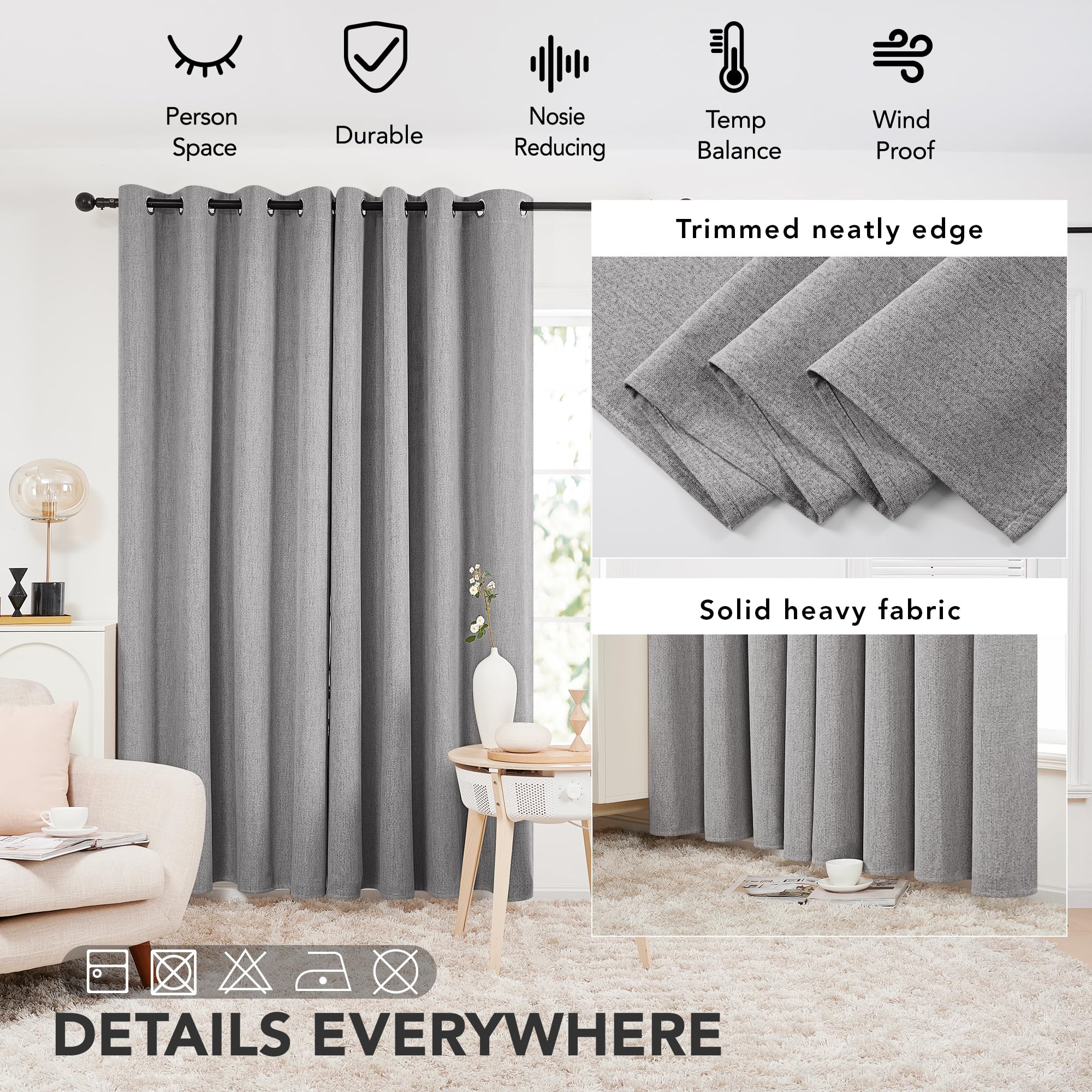 Deconovo 100% Blackout Curtains Eyelet, Window Treatment, Faux Linen Curtains, Natural Thermal Curtains for Nursery, 52x63 Inch(Width x Length), Grey, 2 Panels