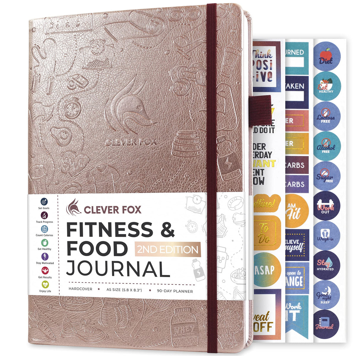 Clever Fox Fitness & Food Journal – Nutrition & Workout Planner for Women & Men – Diet & Gym Exercise Log Book with Calendars, Diet & Training Trackers - Undated, A5, Hardcover (Rose Gold)