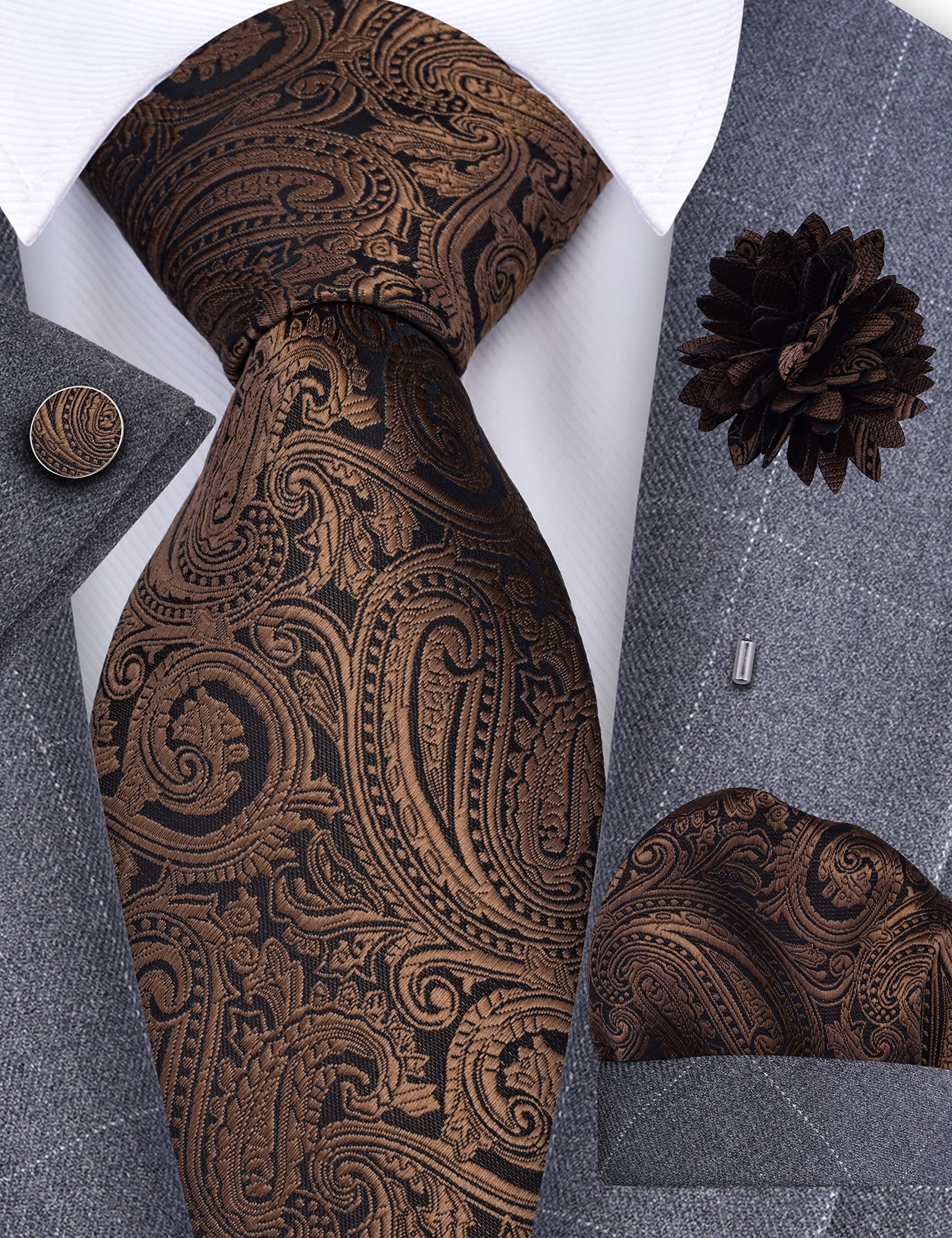 Gusleson Mens Brown Tie for Wedding Silk Paisley Necktie Pocket Square Cufflinks and Lapel Pin Brooch Set (UK6103-27)