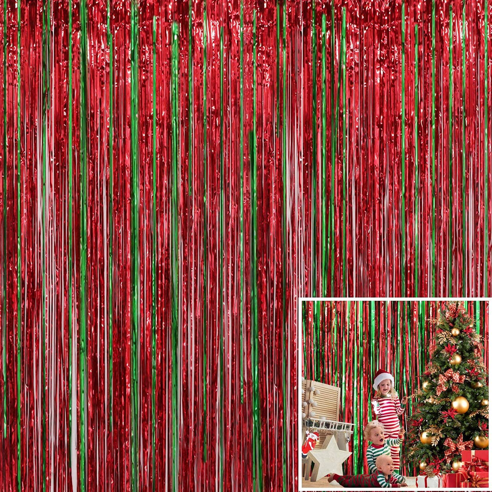 2pcs 3.2ft x 6.5ft Foil Curtain Decorations,Red and Green Tinsel Foil Fringe Curtains Streamers Backdrop for Christmas Party Photo Backdrops Props Christmas Theme Decorations