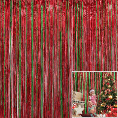 2pcs 3.2ft x 6.5ft Foil Curtain Decorations,Red and Green Tinsel Foil Fringe Curtains Streamers Backdrop for Christmas Party Photo Backdrops Props Christmas Theme Decorations