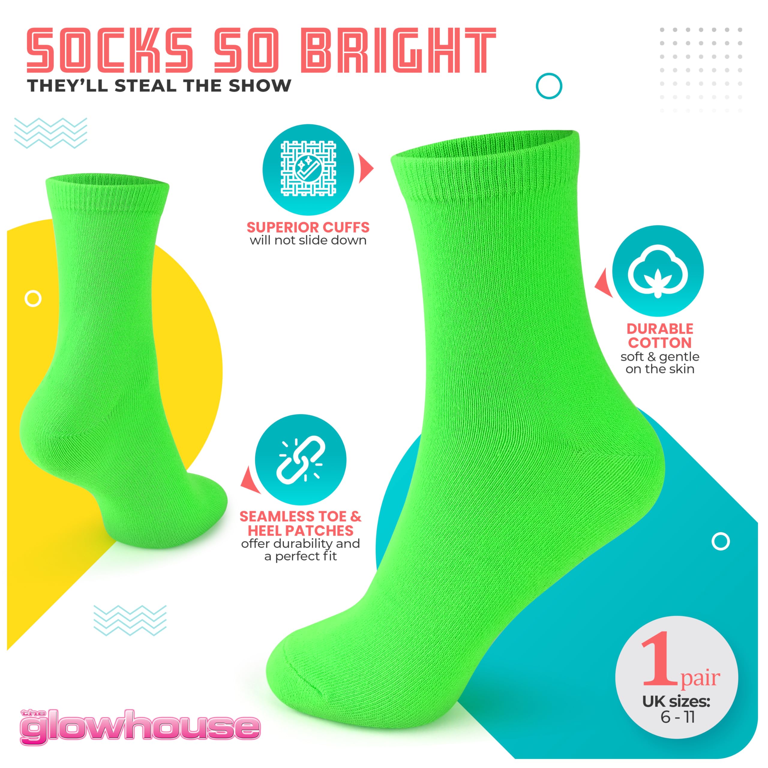 The Glowhouse Casual Dress Socks for Men, Bright Neon Solid Colour, Comfortable Crew Socks, Rock n Roll Fancy Dress, Ideal Gifts for Men (Orange)