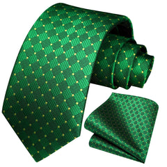 HISDERN Emerald Green Ties for Men Check Forest Green Neck Tie and Pocket Square Set for Wedding