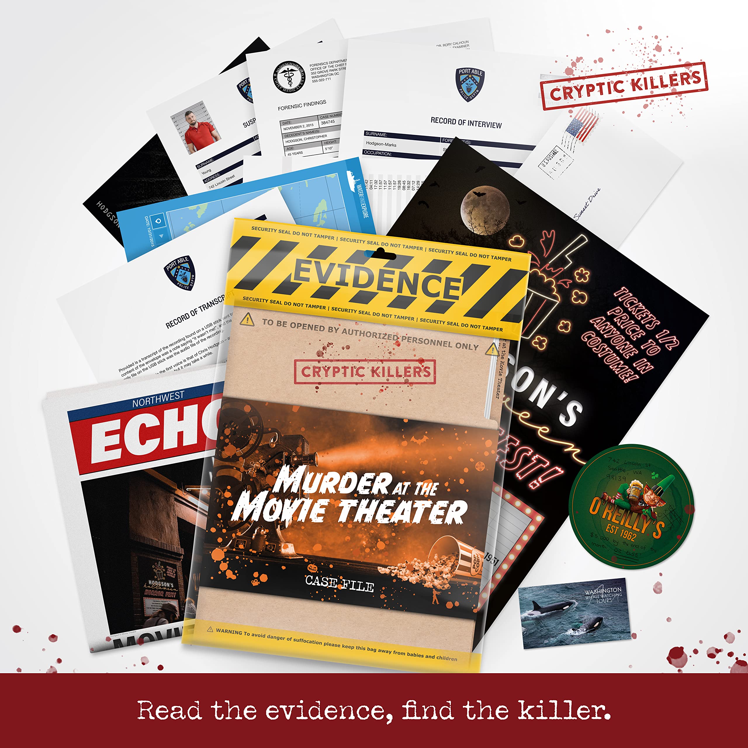 Cryptic Killers Unsolved mystery game - Cold Case Files Investigation - Detective clues/evidence - Solve the crime - Individuals, date nights & party groups - Murder at the Movie Theater