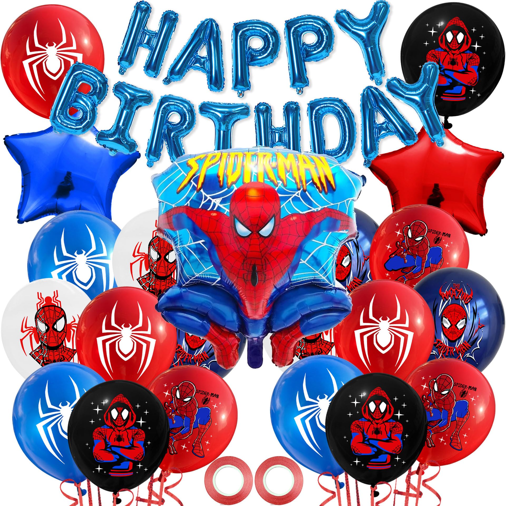 Yiran 18pcs 6styles for Spiderman Balloons Dark Red Black Blue White,12inch Latex Balloon for Adult Kids Boys Superhero Theme Birthday Party Supplies Decorations Spiderman Party Bag Fillers