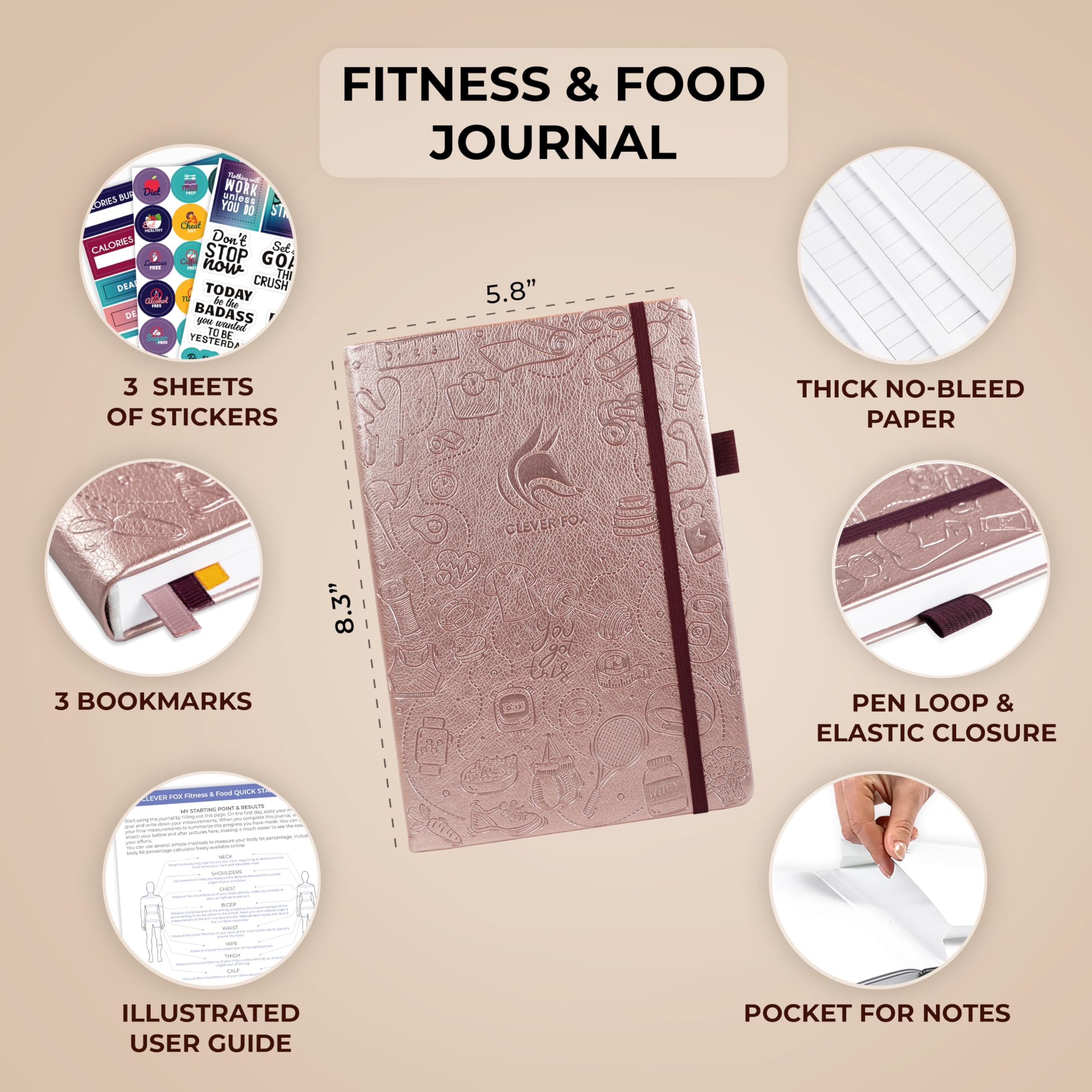 Clever Fox Fitness & Food Journal – Nutrition & Workout Planner for Women & Men – Diet & Gym Exercise Log Book with Calendars, Diet & Training Trackers - Undated, A5, Hardcover (Rose Gold)