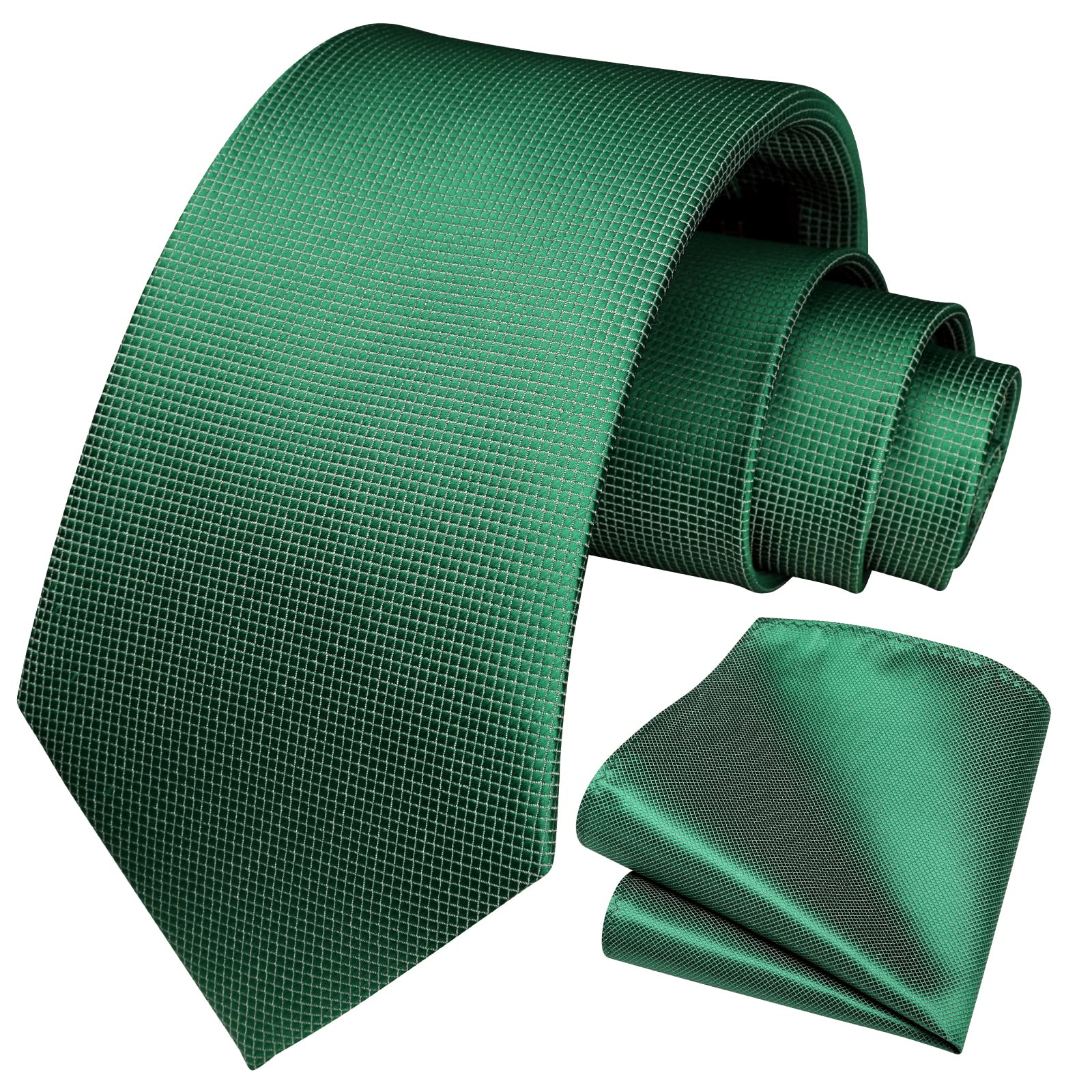 HISDERN Men's Green Tie Pocket Square Wedding Plaid Ties for Men Handkerchief