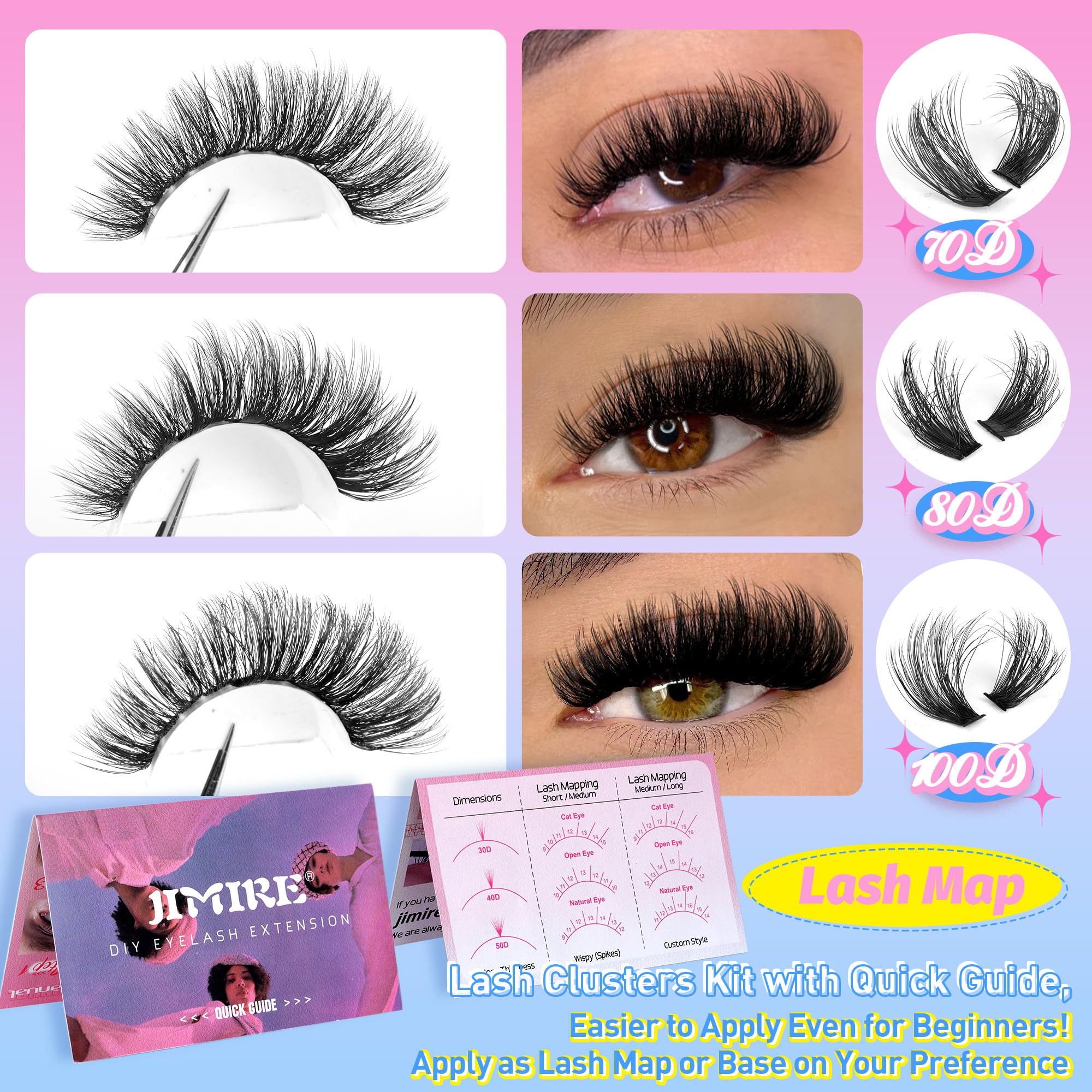 JIMIRE Cluster Lashes Kit 70Dand80Dand100D Fluffy Eyelash Extensions Kit with Bond and Seal Lash Glue and Lash Tweezers Volume 12-18MM Wispy DIY Lashes Extension Kit 240Pcs Individual Eyelashes Kit