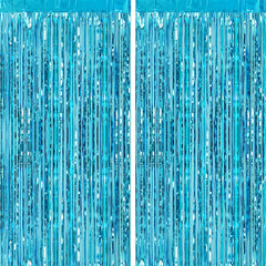 CHRORINE 2pcs 1m x 2.5m Light Blue Metallic Tinsel Foil Fringe Curtains Party Streamers Backdrop for Frozen Mermaid Birthday Baby Shower Bachelorette Bridal Shower Blue Party Decorations